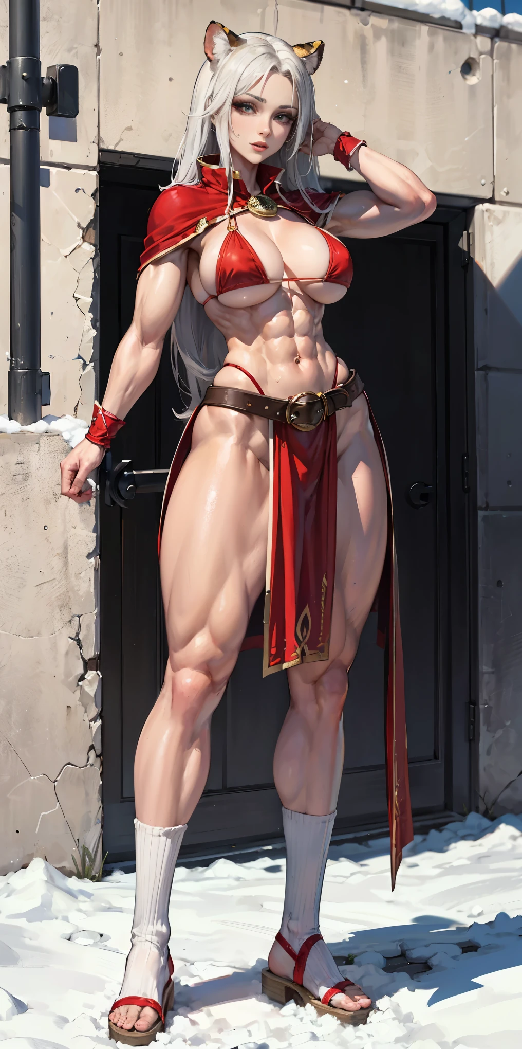 full body standing straight symmetrical, FEMALE warrior princess, big belt around waist, hair, very white skin like snow, strong abs, red tatto belly, red loincloth, tiger bikini, blue cape, sleeveless, black long socks