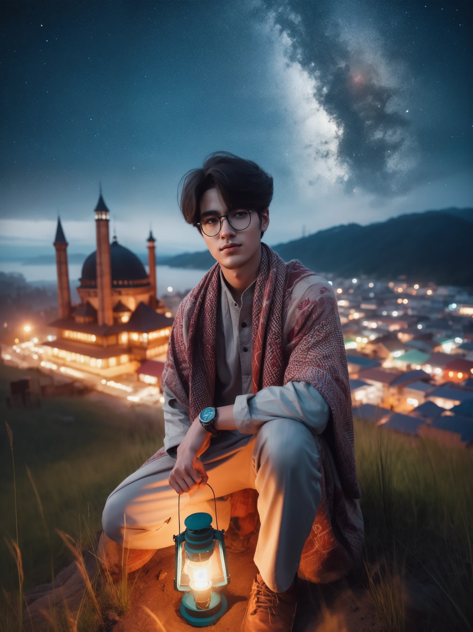 a man sitting on a rock with a lantern in his hand, artwork in the style of guweiz, inspired by Ismail Acar, inspired by Amir Zand, high quality portrait, profile picture 1024px, ✨🕌🌙, brandon woelfel, inspired by jeonseok lee, in front of a fantasy city