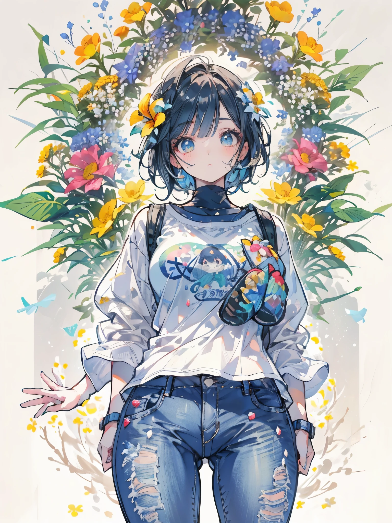 , mochila grande, ????? pequenos, bunda grande, thick body, thick coxa, short bob hair, tenis cano alto branco, meia grande, andando abobalhada e divertidamente, sozinha, dedo na boca, short jeans, (((campo de flores)))
