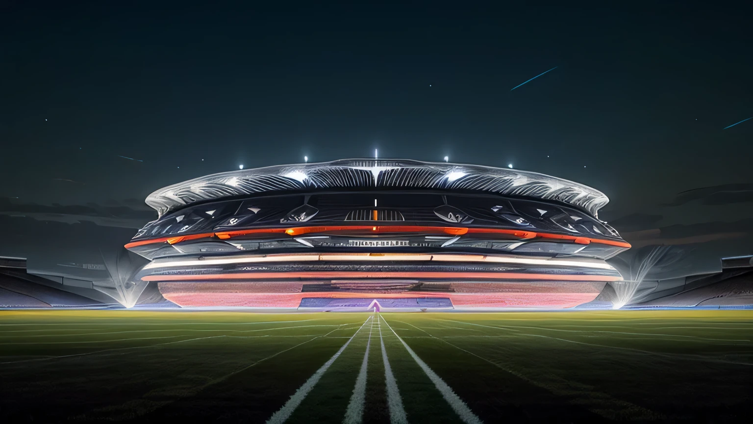 Create a captivating, futuristic illustration of a 2050 World Cup stadium, que se vea impresionantes luces y el campo de futbol moderno e iluminado, las lineas del campo iluminado como si fuera luces led, y el estadio de arquitectura moderna y futurista, con cielos de fuego artificiales.
