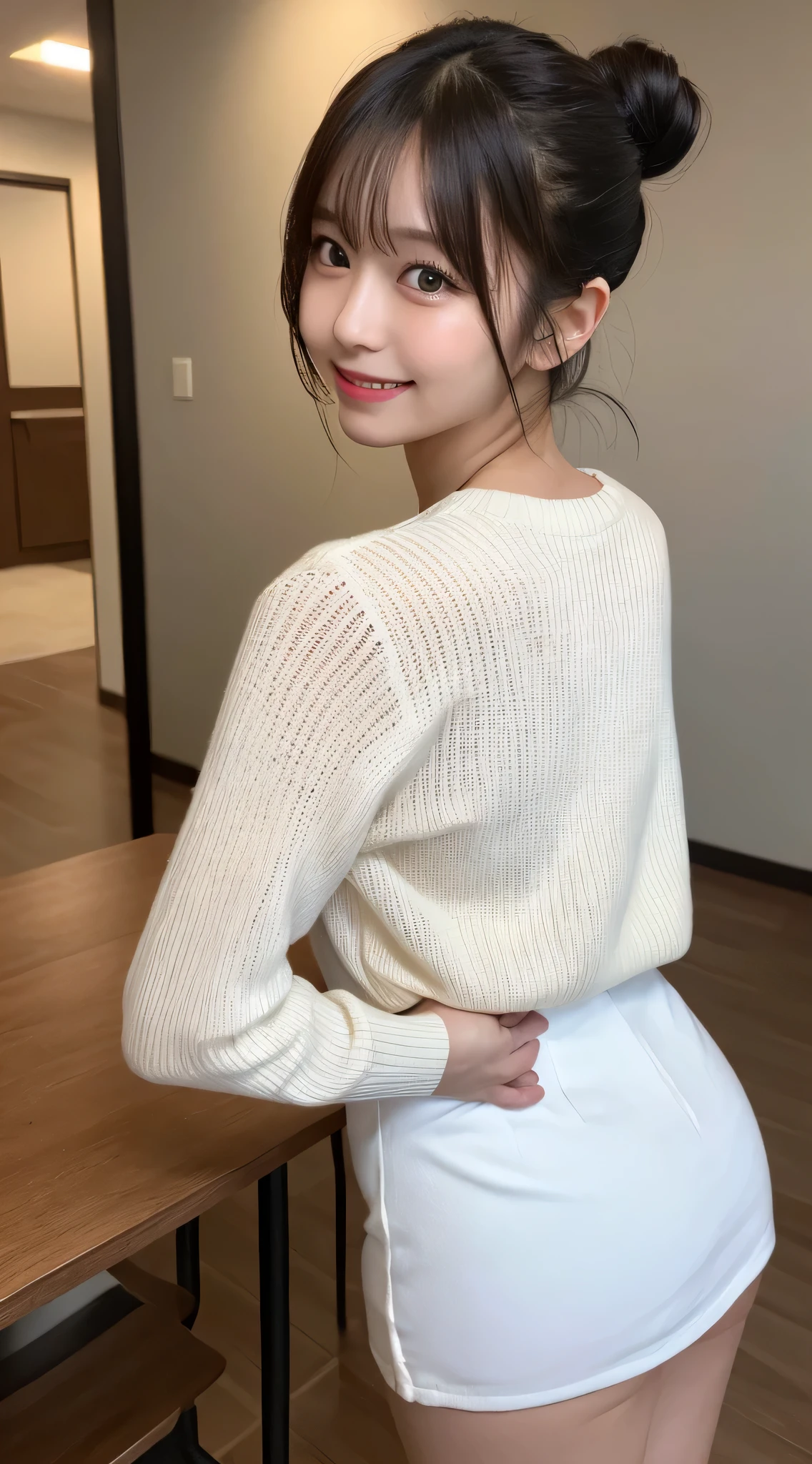 table top, highest quality, shape, Super detailed, finely, High resolution, 8k wallpaper, 完璧なダイナミックな構shape, finelyて美しい目,  natural lip, white sweater(mini skirt)wear, chest, whole body, random sexy pose,bun hair,RAW photo,room,smile、最高のsmile,　Rear view、beautiful nape、