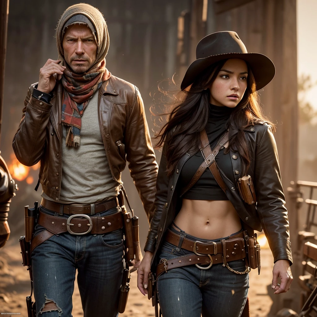 (extreme complexity)(two subjects) (Western gunfighter showdown), A (rugged man resembling Clint Eastwood, wild west gunslinger dressed in white), (busty malaysian gunslinger, age 20 immensely busty, hijab no hair showing), old west town sunset, (best quality,4k,8k,highres,masterpiece:1.2), ultra-detailed, (realistic,photorealistic,photo-realistic:1.37), HDR, UHD, studio lighting, ultra-fine painting, sharp focus, physically-based rendering, extreme detail description, professional, vivid colors, bokeh, portraits, landscape, horror, anime, sci-fi, photography, concept artists, warm color palette, golden-hour lighting, (show both gunslingers, extreme tension)