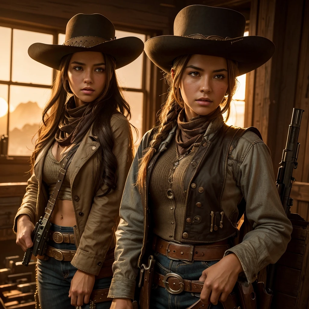(extreme complexity)(two subjects) (Western gunfighter showdown), A (rugged man resembling Clint Eastwood, wild west gunslinger dressed in white), (busty malaysian gunslinger, age 20 immensely busty, hijab no hair showing), old west town sunset, (best quality,4k,8k,highres,masterpiece:1.2), ultra-detailed, (realistic,photorealistic,photo-realistic:1.37), HDR, UHD, studio lighting, ultra-fine painting, sharp focus, physically-based rendering, extreme detail description, professional, vivid colors, bokeh, portraits, landscape, horror, anime, sci-fi, photography, concept artists, warm color palette, golden-hour lighting, (show both gunslingers, extreme tension)