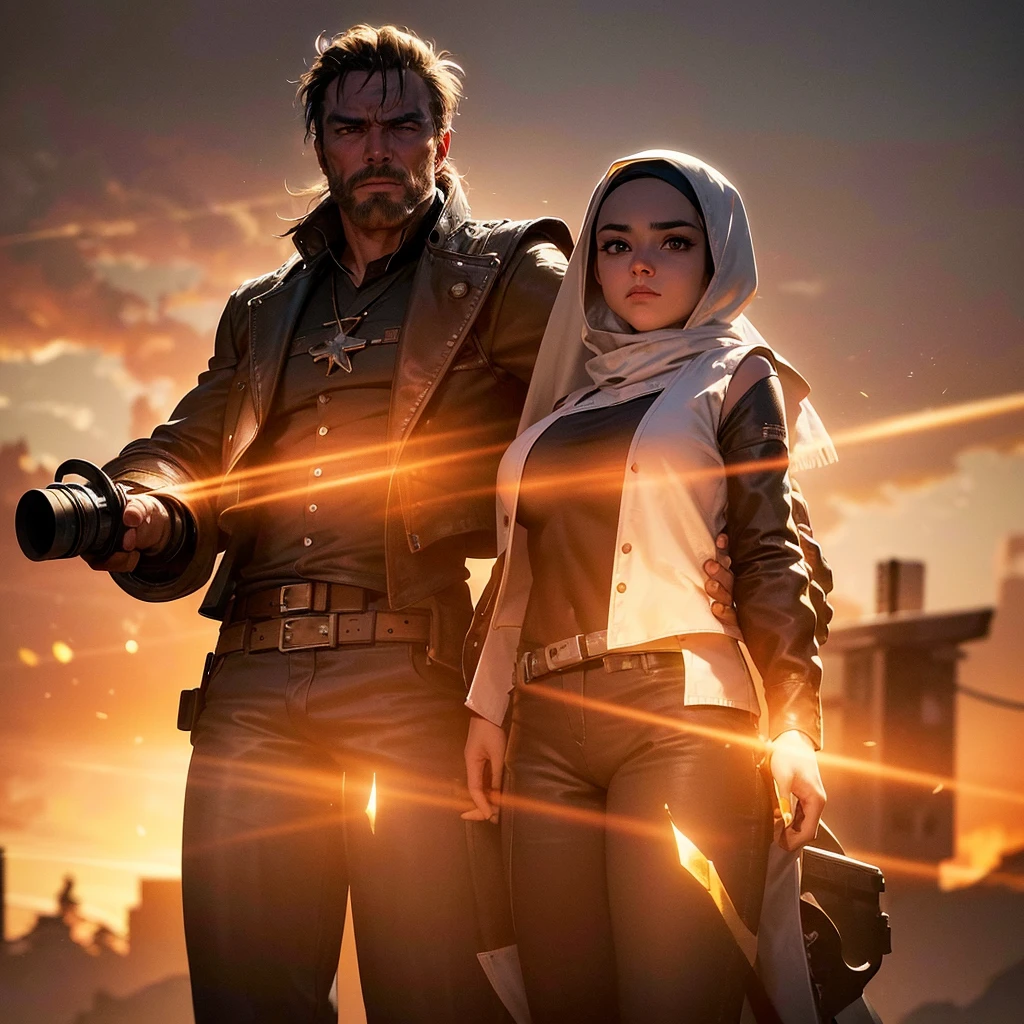 (extreme complexity)(two subjects) (Western gunfighter showdown), A (rugged man resembling Clint Eastwood, wild west gunslinger dressed in white), (busty malaysian gunslinger, age 20 immensely busty, hijab no hair showing), old west town sunset, (best quality,4k,8k,highres,masterpiece:1.2), ultra-detailed, (realistic,photorealistic,photo-realistic:1.37), HDR, UHD, studio lighting, ultra-fine painting, sharp focus, physically-based rendering, extreme detail description, professional, vivid colors, bokeh, portraits, landscape, horror, anime, sci-fi, photography, concept artists, warm color palette, golden-hour lighting, (show both gunslingers, extreme tension)
