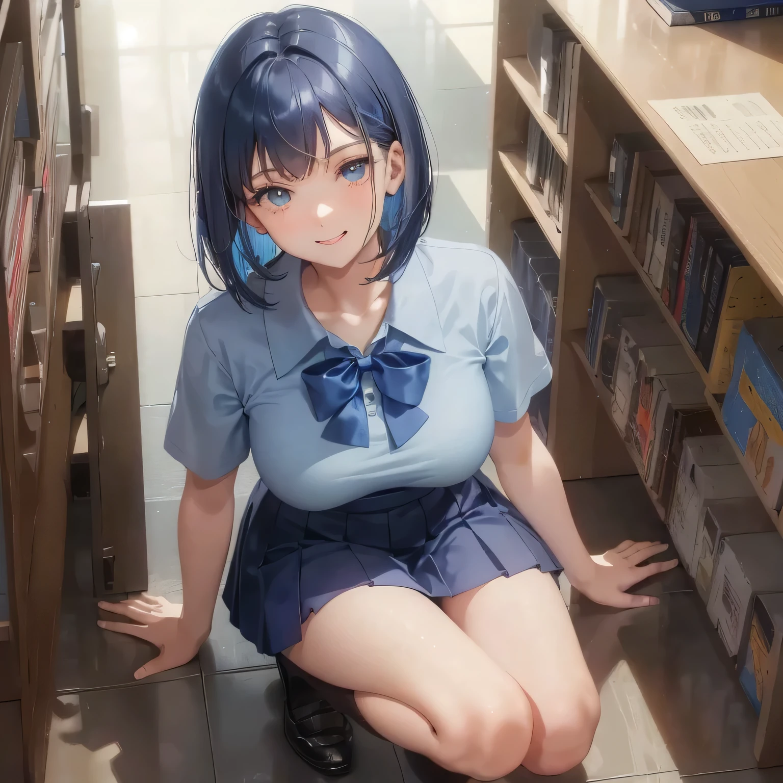 1 high school girl 17 year old female bob cut dark blue hair color high school uniform Light blue Y-shirt short sleeve blue ribbon dark blue hair color slender body shape big breasts full body portrait 学校のlibrary smile gently cheerful look library hand sign squat kneel down look up here