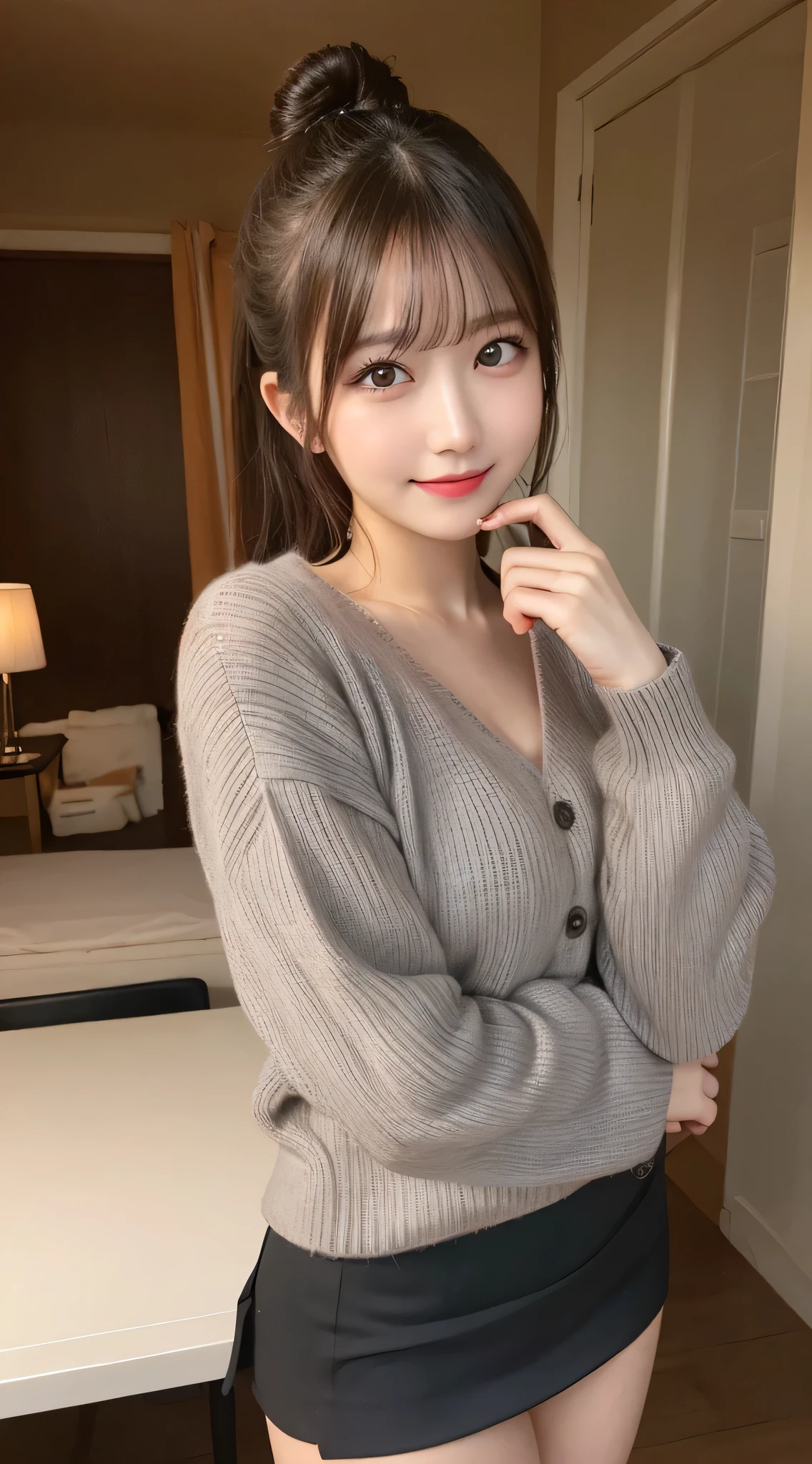 table top, highest quality, figure, super detailed, finely, High resolution, 8k wallpaper, Perfect dynamic composition, detailed and beautiful eyes,  Natural Lip, sweater(mini skirt)wear, chest, whole body, random sexy pose,bun hair,RAW photo,room,smile、Best smile,