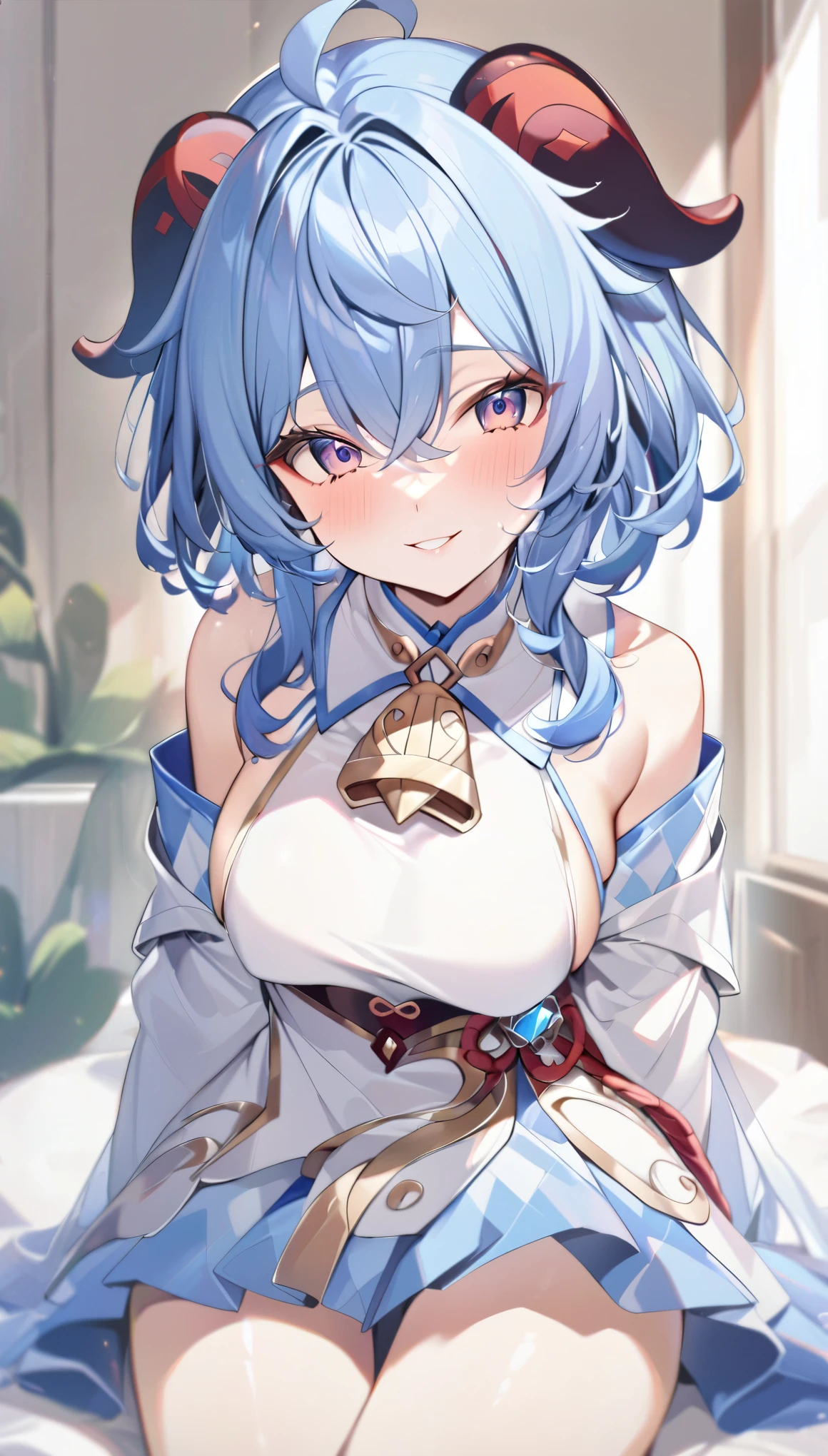 ganyu, long blue hair, beautiful face,smiling,close up to hips, moderate breast, sitting on beds, wearing beautiful white pajamas, (open mouth:0.4),illustration,detailed textures(realists),ultra-detailed,portrait style,vivid colors,soft lighting, blushing, no bra, mature,
