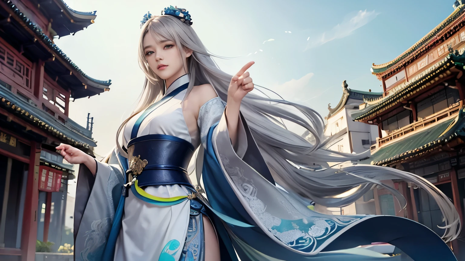 masterpiece, highest quality, official art, 8k wallpaper, very detailed, figure, ((1 person)), fine eyes, blue eyes, green gradient hanfu, Complex filigree, dynamic pose, (rainbow long hair:1.1), (gray hair:1.2), floating hair, east asian architecture, Chinatown, scenery, morning,