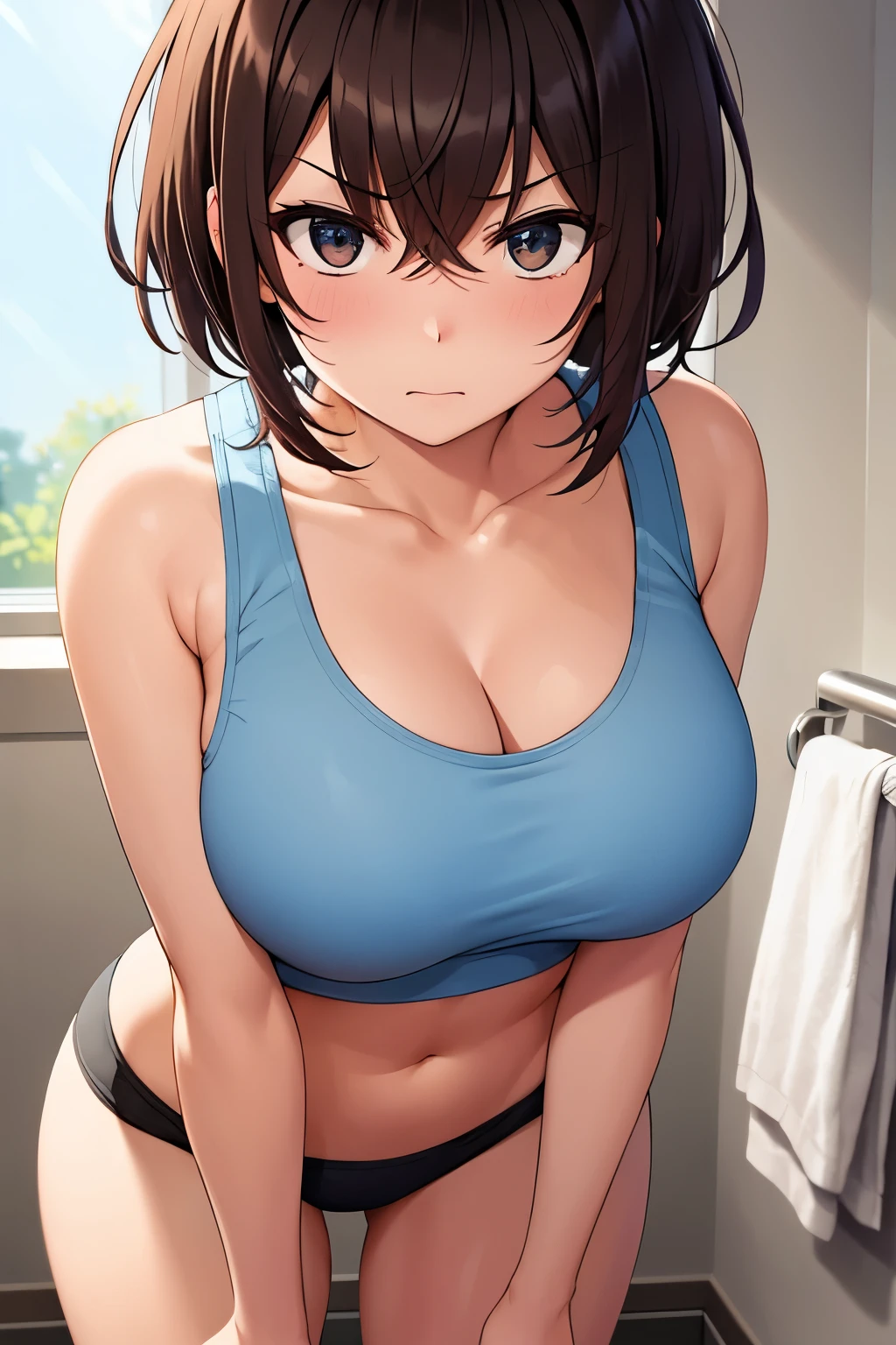 Beautiful girl, short hair, boyish, sexy, big breast, wearing sports bra, shy, hot, pooping on toilet, embarrassed, angry, big breast, shy expression, tight sports bra, squeezing her breast, cleavage, shy, very mad, dynamic pose, pose