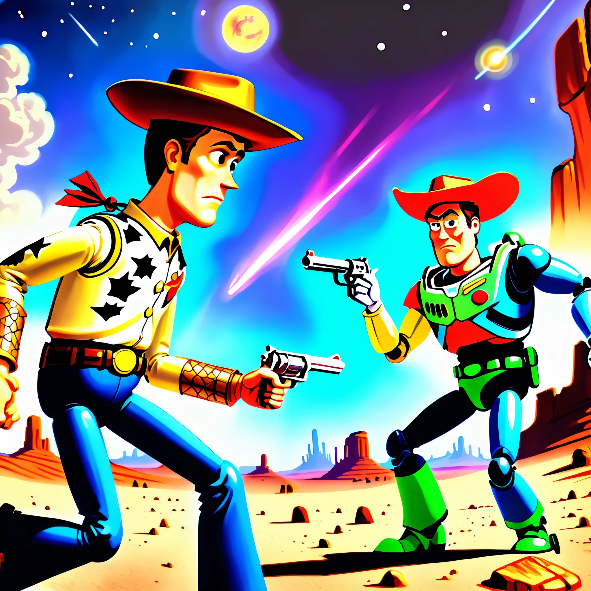 cinematic, wordless, image only, western poster, composition framing, western lighting and coloring, hyperrealism rotoscope, hand drawn animated cel, duo in a final standoff showdown, Woody and Buzz Lightyear (cowboy and spaceman from Toy Story) wielding pistols, ready to fire, standoff, high noon, desert, high intensity, high tension, moment before, anticipation, sense of danger,


