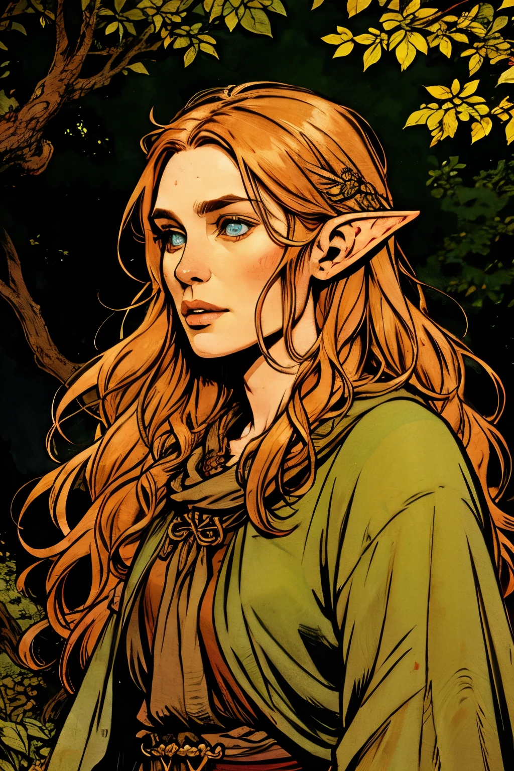 by demizu posuka 1girl , druid, mature, elf long hair detailed face forest amazing quality, best quality, high quality