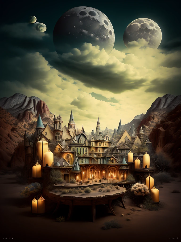 general shot:1.4, (ultra detailed eyes), (((textile shading))), (((Best quality))), (((table))), (((ultra detailed CG))), (surrealism, beautiful woman in full shot:1.5 intricate and beautiful), at night in a desert, moonlight bioluminescent lighting, Ultra High Definition, 8K, Unreal Engine 5, ultra-sharp focus, intricate, ominous artwork masterpiece, golden ratio , highly detailed, vibrant, nighttime with a huge moon, candles on the ground, production film character rendering, ultra high quality model, 32k