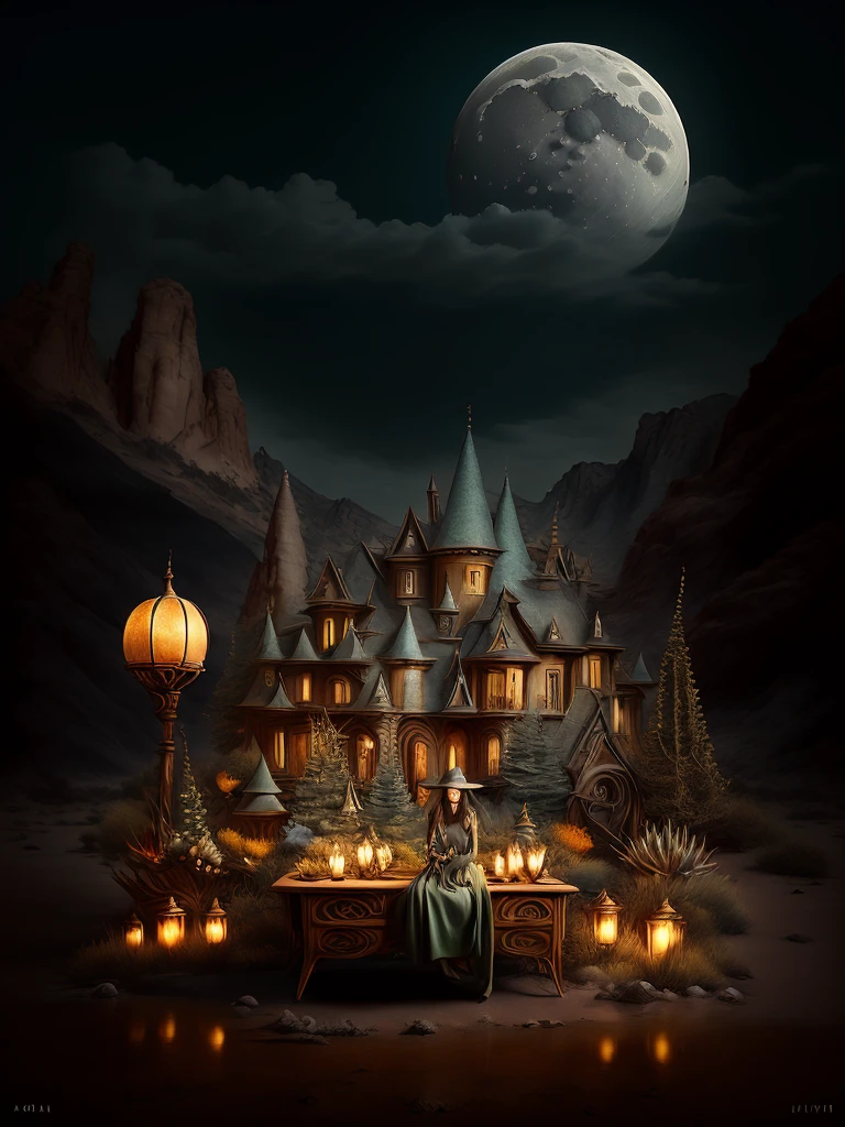 general shot:1.4, (ultra detailed eyes), (((textile shading))), (((Best quality))), (((table))), (((ultra detailed CG))), (surrealism, beautiful woman in full shot:1.5 intricate and beautiful), at night in a desert, moonlight bioluminescent lighting, Ultra High Definition, 8K, Unreal Engine 5, ultra-sharp focus, intricate, ominous artwork masterpiece, golden ratio , highly detailed, vibrant, nighttime with a huge moon, candles on the ground, production film character rendering, ultra high quality model, 32k
