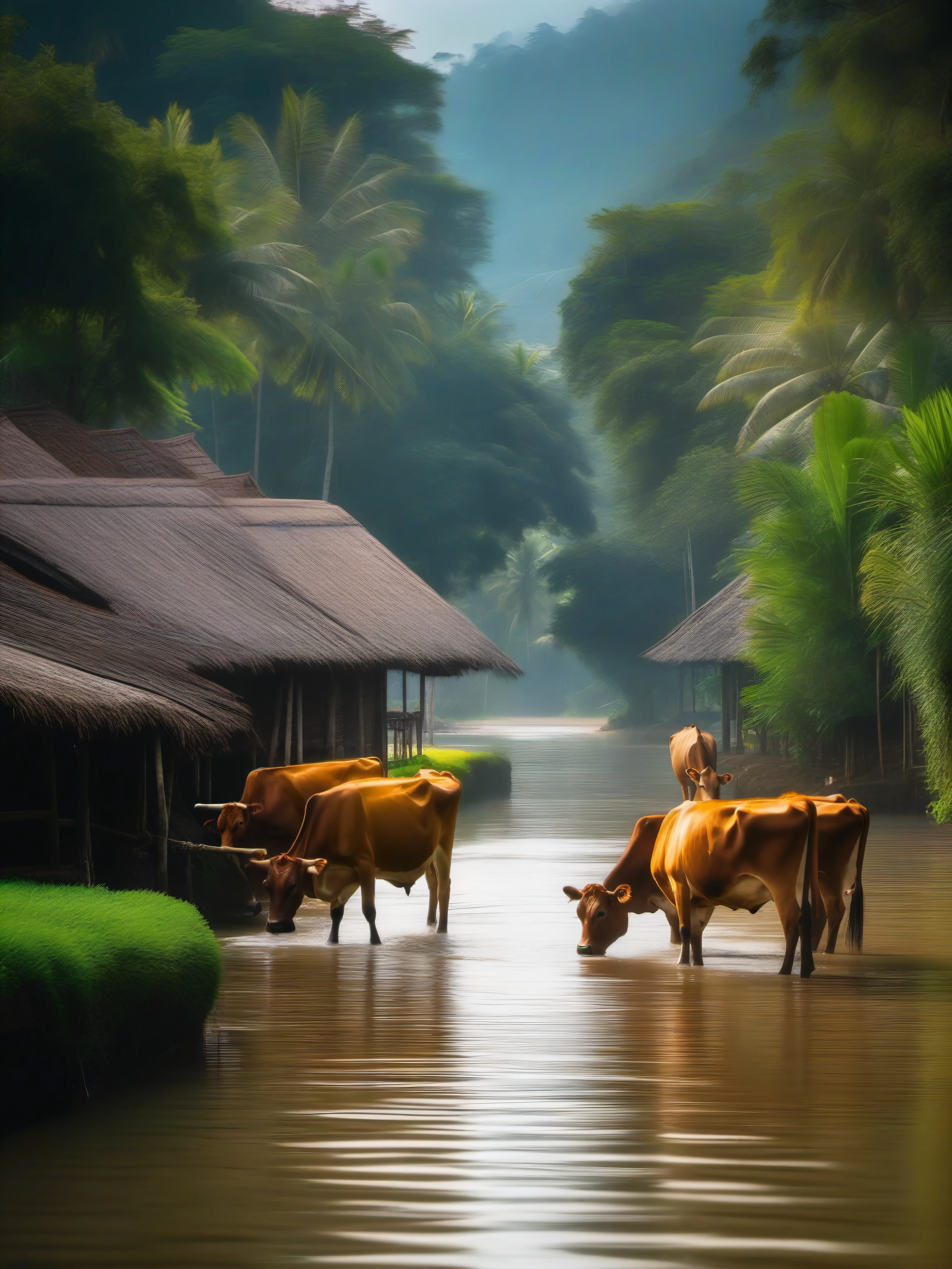 there are many cows that are walking in the water, a picture by Patrick Ching, shutterstock, sumatraism, old asian village, kerala village, thailand art, beautiful place, malaysia with a paddy field, jungles of vietnam beautiful, countryside, very beautiful scenery, quaint village, scenery wallpaper, tropical landscape, hd wallpaper, lovely valley, laos