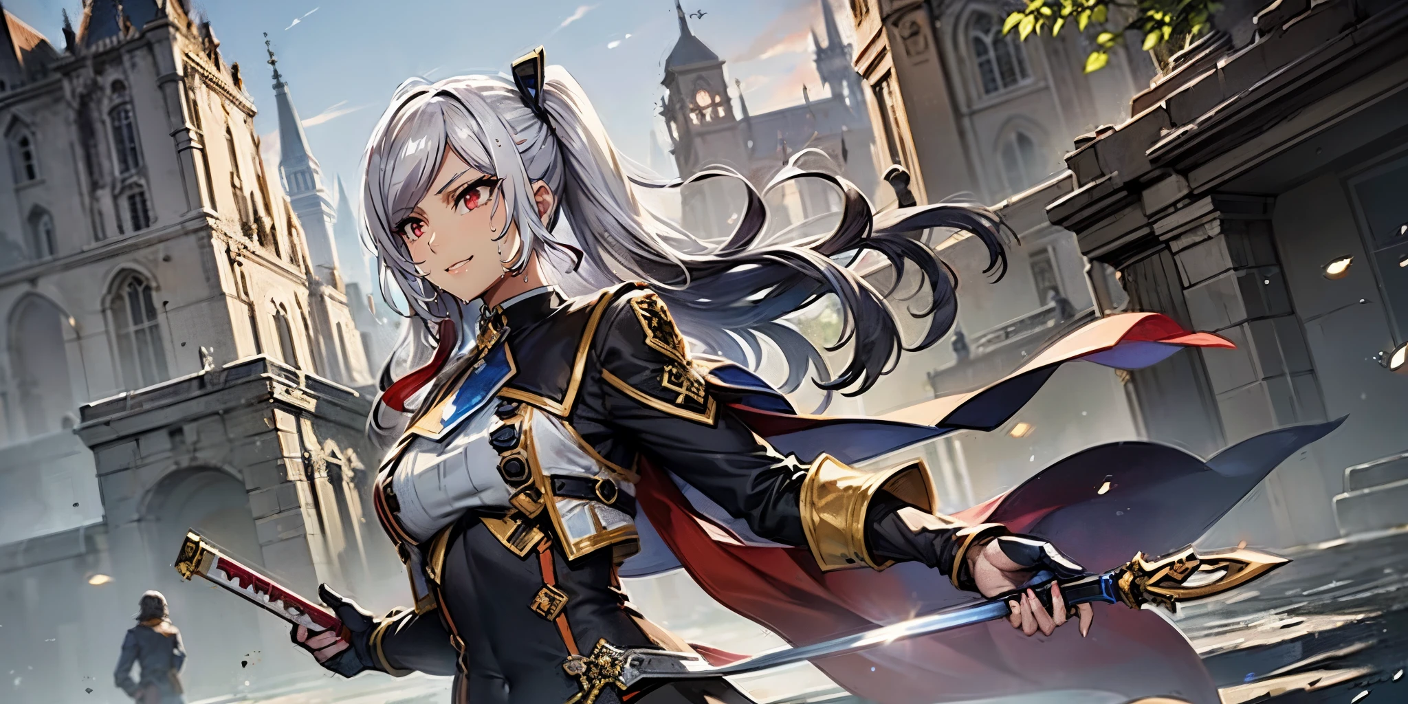 silver hari, long hair, twintail, bow, red eyes, anime girl with sword and cape standing in front of a castle, ayaka genshin impact, cushart krenz key art feminine, detailed key anime art, epic light novel art cover, light novel cover art, high detailed official artwork, portrait of a female anime hero, epic light novel cover art, ayaka game genshin impact, astri lohne, hollow eyes, (facing viewer:1.4), smirk, upper teeth, lips, red eyes, sweating, wet, looking at viewer,