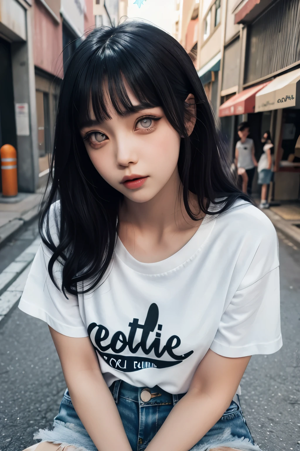 Hinata Hyuuga, white t-shirt, denim shorts, sensual pose, urban and graffiti background, detailed eyes and face, long eyelashes, realistic style, vibrant colors, professional lighting, high-resolution art, bokeh