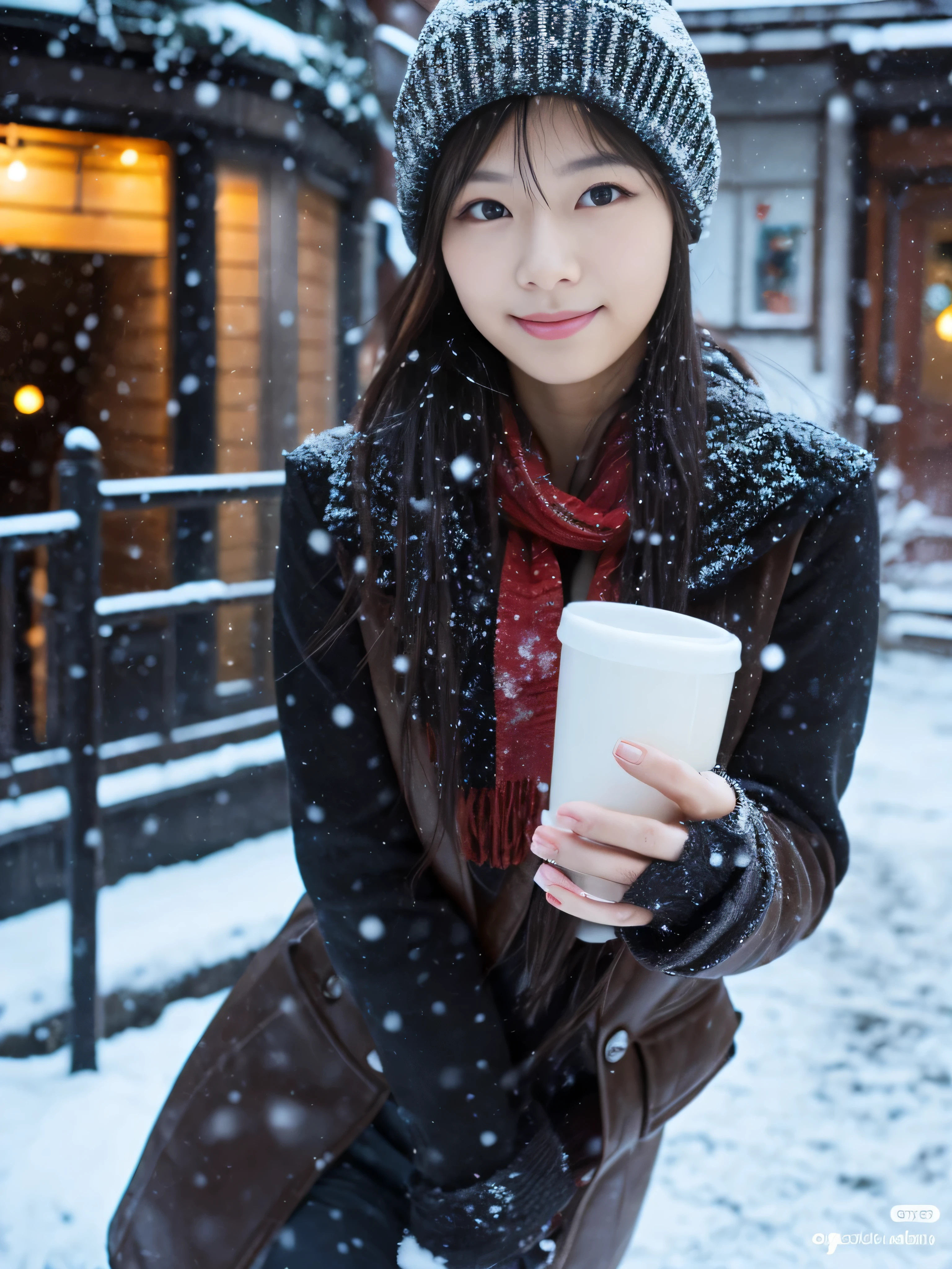 Photoreal, 32K, full body portrait, Single-lens reflex camera, Highly detailed face and skin texture, one japanese woman,Dating Arrangements, An excited expression,natural makeup,  clear division, Straight long hair with black hair, 18-year-old, Sapporo City, winter, With a cafe in the background, that&#39;It&#39;s snowing, that&#39;It&#39;s snowing, black stockings,  Wearing a woolen hat