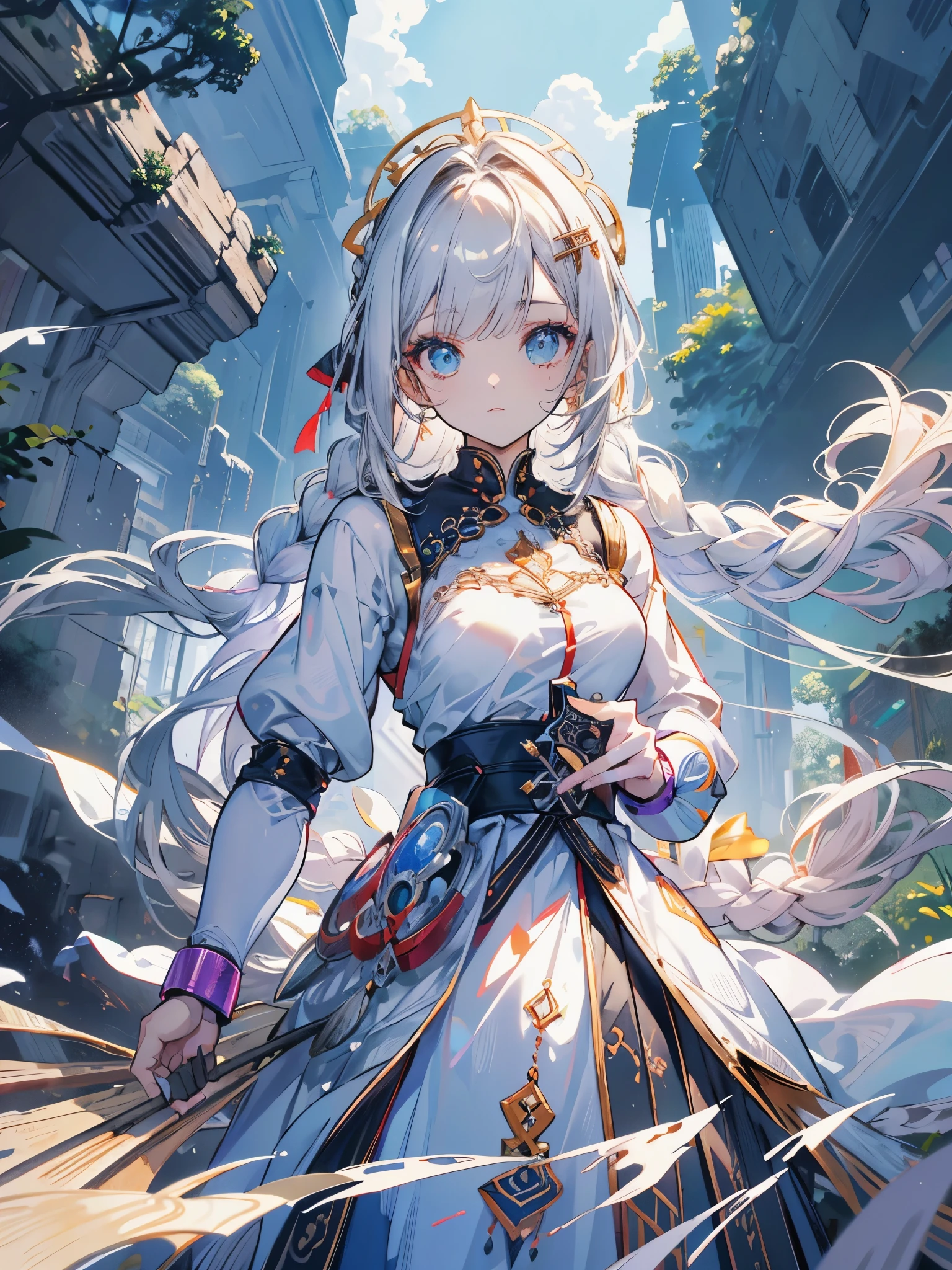 melhor qualidade, obra de arte,cabelo branco, olhos dourados,Roupas brancas, olhando pra cima, tronco,mecha de cabelo,Pele clara,side braids
