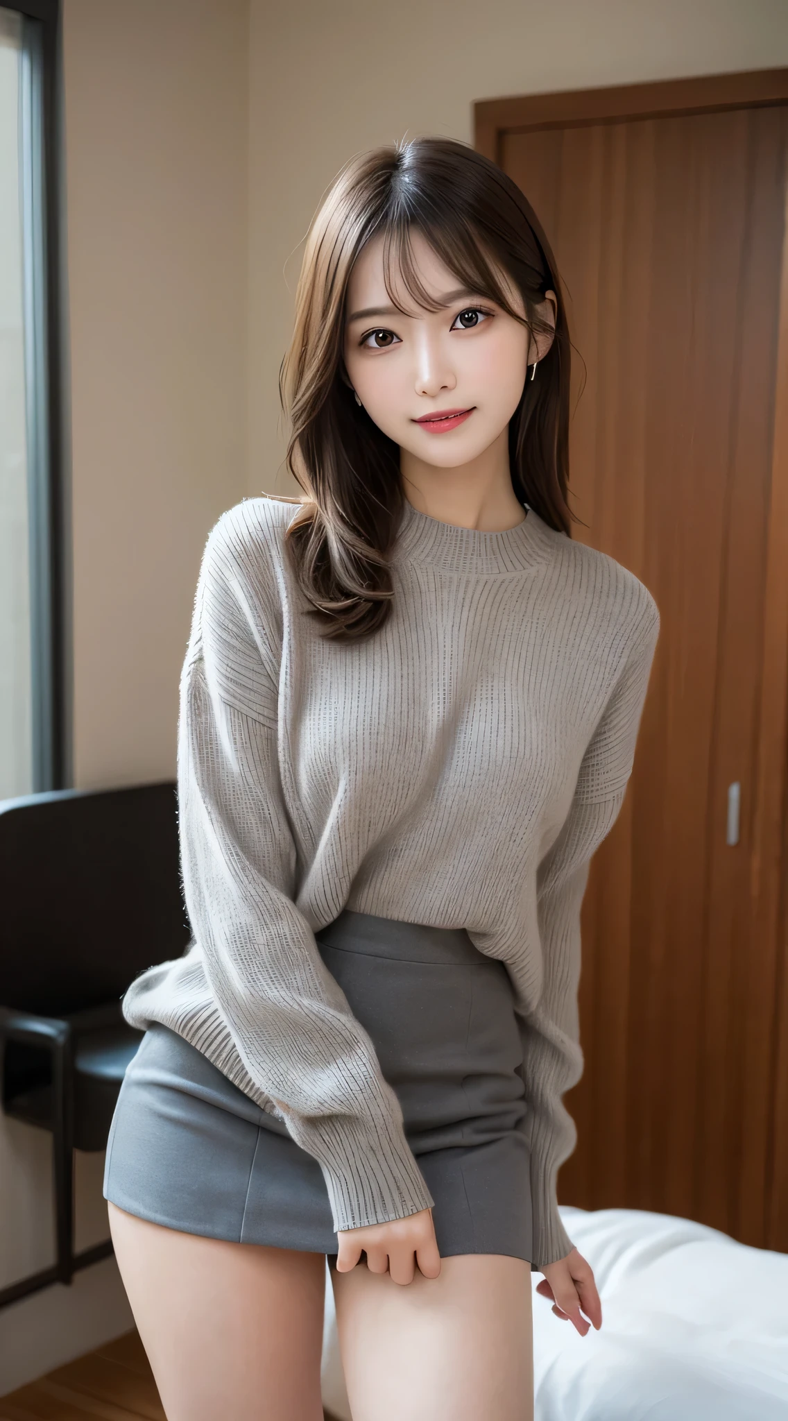 table top, highest quality, shape, Super detailed, finely, High resolution, 8k wallpaper, 完璧なダイナミックな構shape, finelyて美しい目,  natural lip, gray sweater(mini skirt)wear, chest, whole body, random sexy pose,RAW photo,room,smile、最高のsmile,