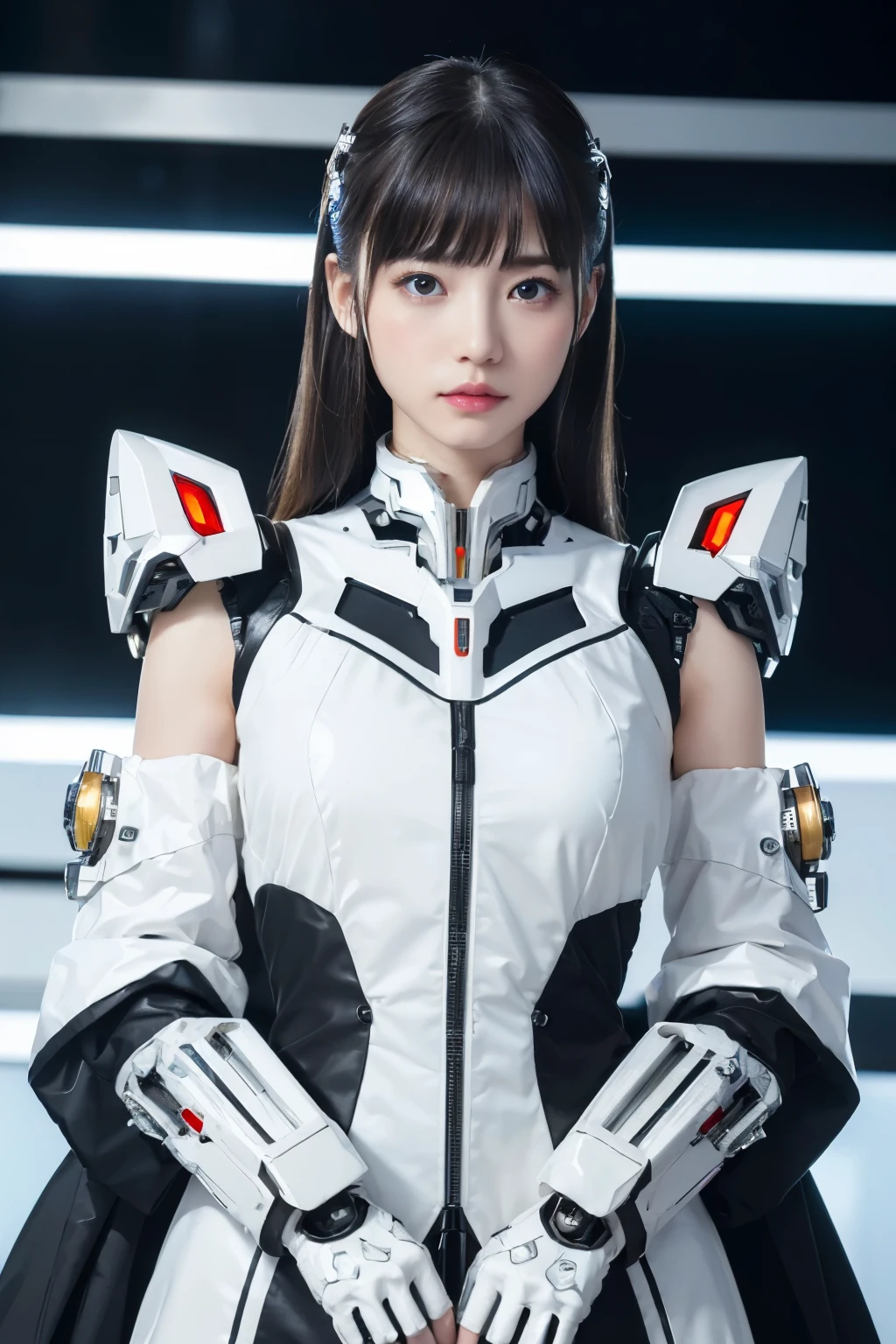 ((highest quality、8k、master piece:1.3))Wearing a silver-white mecha,Girl with a delicate face,best image quality,super transparent,The facial features are delicate and clear,Armageddon,machine arm,elaborate mechanical pattern,cyberpunk characters、cyber city、Number of people、Number of pieces、total number、century、Full body figure