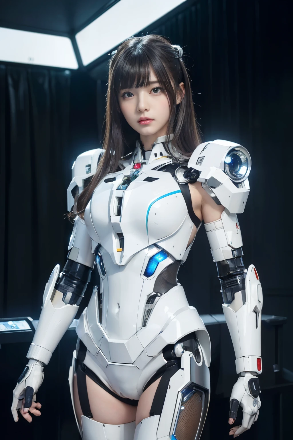 ((highest quality、8k、master piece:1.3))Wearing a silver-white mecha，Girl with a delicate face，best image quality，super transparent，The facial features are delicate and clear，Armageddon，machine arm，elaborate mechanical pattern,cyberpunk characters、cyber city、Number of people、Number of pieces、total number、century、