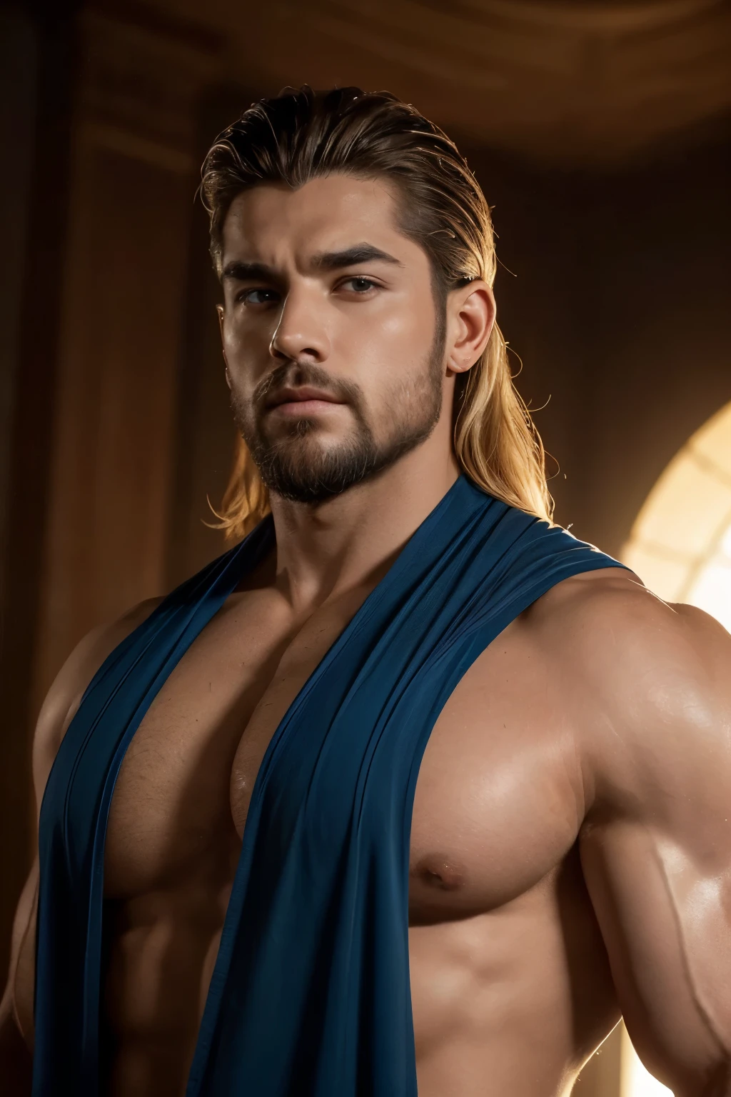 (Obra maestra)), ((Mejor calidad:1.2)), high resolution, 8K, (ultra_realista:1.3), (photorealista:1.4), (Plantilla de Instagram, elegante:1.2), (((Zeusculous God with an incredibly huge bodybuilder shape, Zeus tiene un rostro imponente y majestuoso con ojos profundos y penetrantes que parecen ((chispear con electricidad)), una boca ancha y seria, and proportionate ears with well-defined lobes. Posee una nariz recta y prominente, Su cabello es largo ondulado y oscuro con (destellos dorados) fluyendo en mechones sobre sus hombros y espalda, His body is muscular and athletic with an upright posture that denotes confidence and authority., He usually wears long, flowing tunics adorned with (detalles dorados) con colores predominantes de blanco dorado y azul, Las texturas de su vestimenta son suaves y fluidas evocando elegancia y nobleza, being of imposing stature, surpassing in height the other gods and mortals.