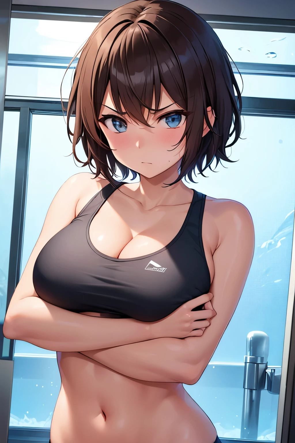 Beautiful girl, short hair, boyish, sexy, big breast, wearing sports bra, shy, hot, pooping in the toilet, embarrassed, angry, big breast, shy expression, tight sports bra, squeezing her breast, cleavage, shy, very mad, dynamic pose, pose, shy pose, underwater, water, angle shot, dynamic shot, sexy, best dynamic shot, angle shot