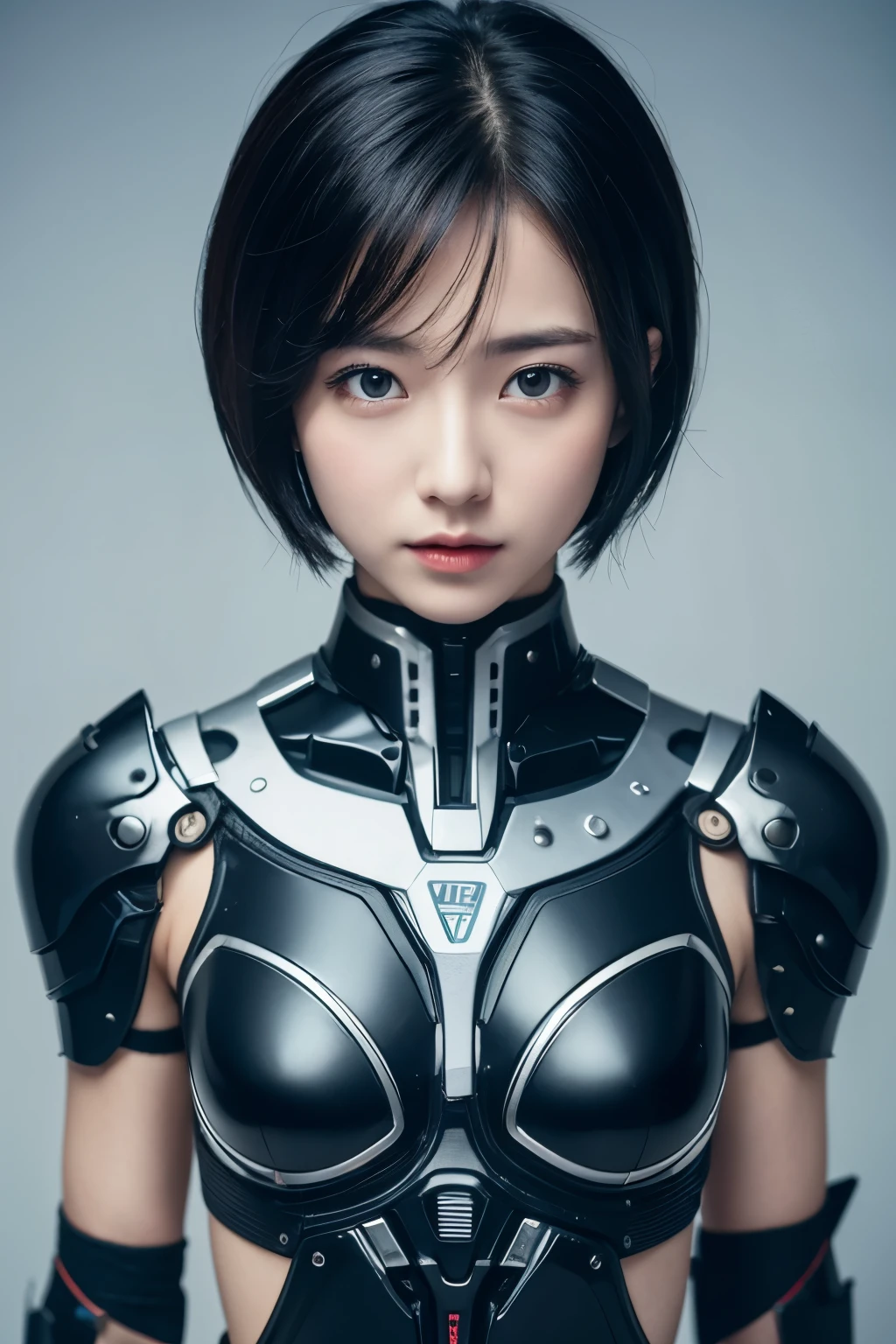 with the best quality、Express yourself as a short-haired robot girl, straight black hair,Nikon RAW shooting、8k、Fujifilm XT3、masterpiece、highest quality、genuine、perfect body beauty、profusely、blood vessels connected to tubes, mechanical vertebrae attached to the back, mechanically attach the cervical vertebrae to the neck、combat uniform、((genuineな照明、highest quality、8k、masterpiece:1.3))、clear focus:1.2,pretty girl。
