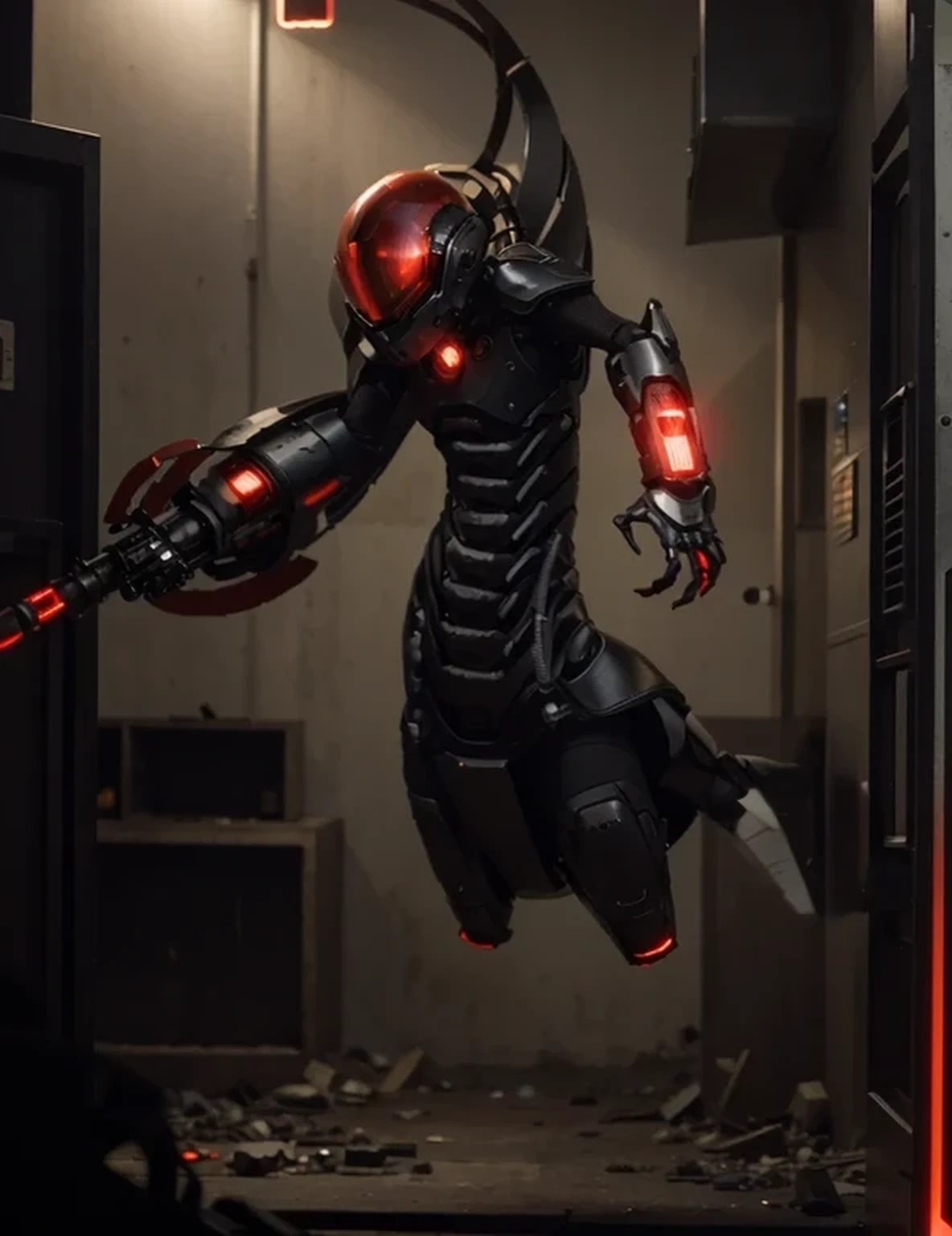 male soldier cyborg, red glass helmet in the shape of a dome, inside the glass helmet you can see the face of a sinister bald man with cybernetic inserts, ultra modern cybernetic biomechanical full body heavy the suit without legs in the shape of a worm has small red lights , black with red details, in its lower part it has a turbine, metal shoulder pads, metal wrist guards, on its back it has a mechanical scorpion tail with a laser weapon at its tip, one of its hands is a laser weapon, rubber tubes , scorpion tail symbol, he is flying over a battlefield in totally post-apocalyptic city destroyed, a lot of fire, large green mineral crystals on the ground, sunny day, 4k, ultra detailed image , realistic, very detailed, perfect composition, splendid , intricately detailed, incredibly detailed, art photography 8k, hyper detailed, Masterpiece, ultra detailed, hyper realistic, 4k, ultra detailed image, realistic, highly detailed, perfect composition, splendid, intricately detailed , incredibly detailed, Artistic photography in 8k, hyper detailed