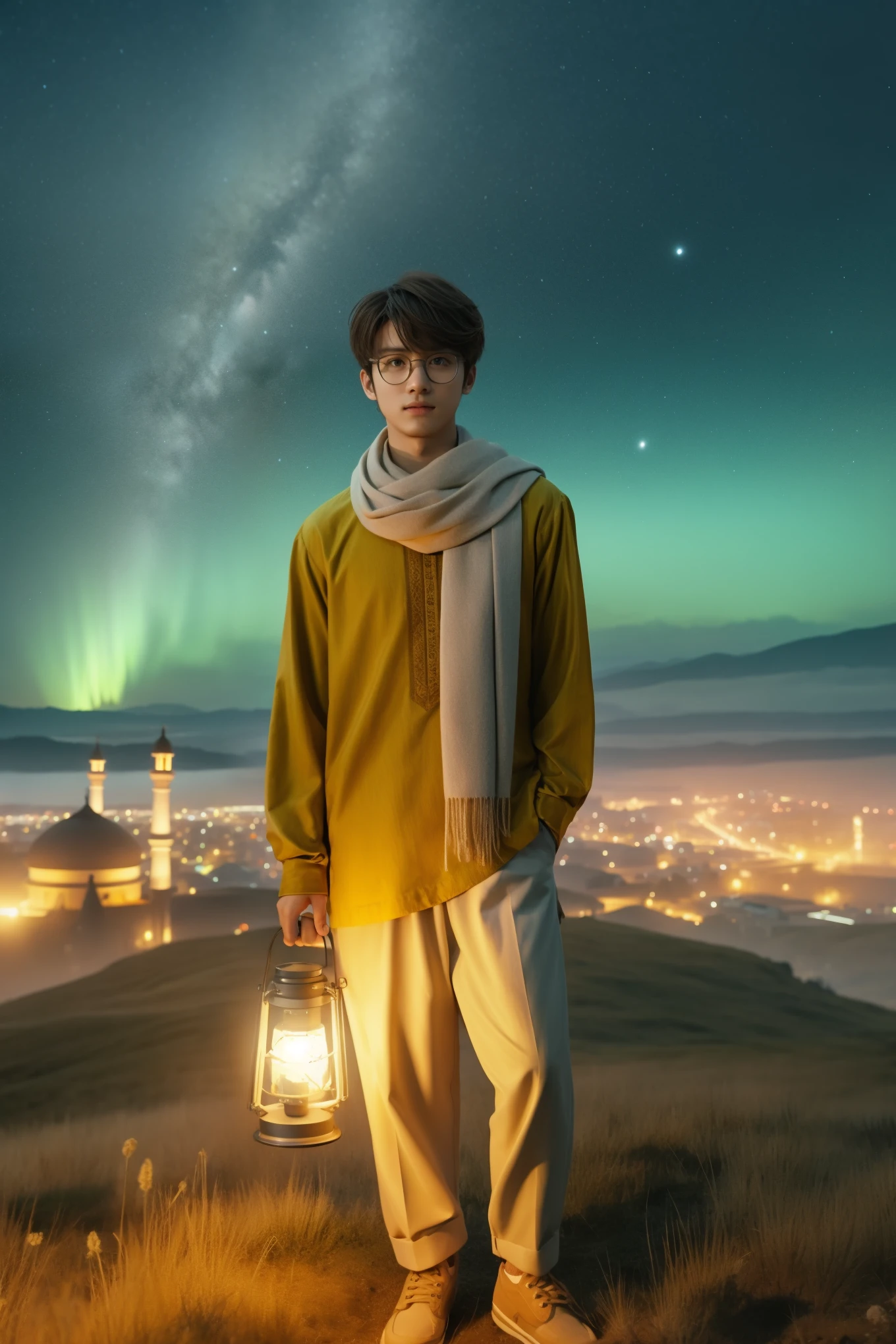 arafed image of a man standing on a hill holding a lantern, profile picture 1024px, 1 0 0 1 night, mid shot portrait, portrait shot, medium shot portrait, matte painting portrait shot, inspired by Amir Zand, color portrait, inspired by jeonseok lee, high quality portrait, album art, inspired by Zhang Han, landscape shot