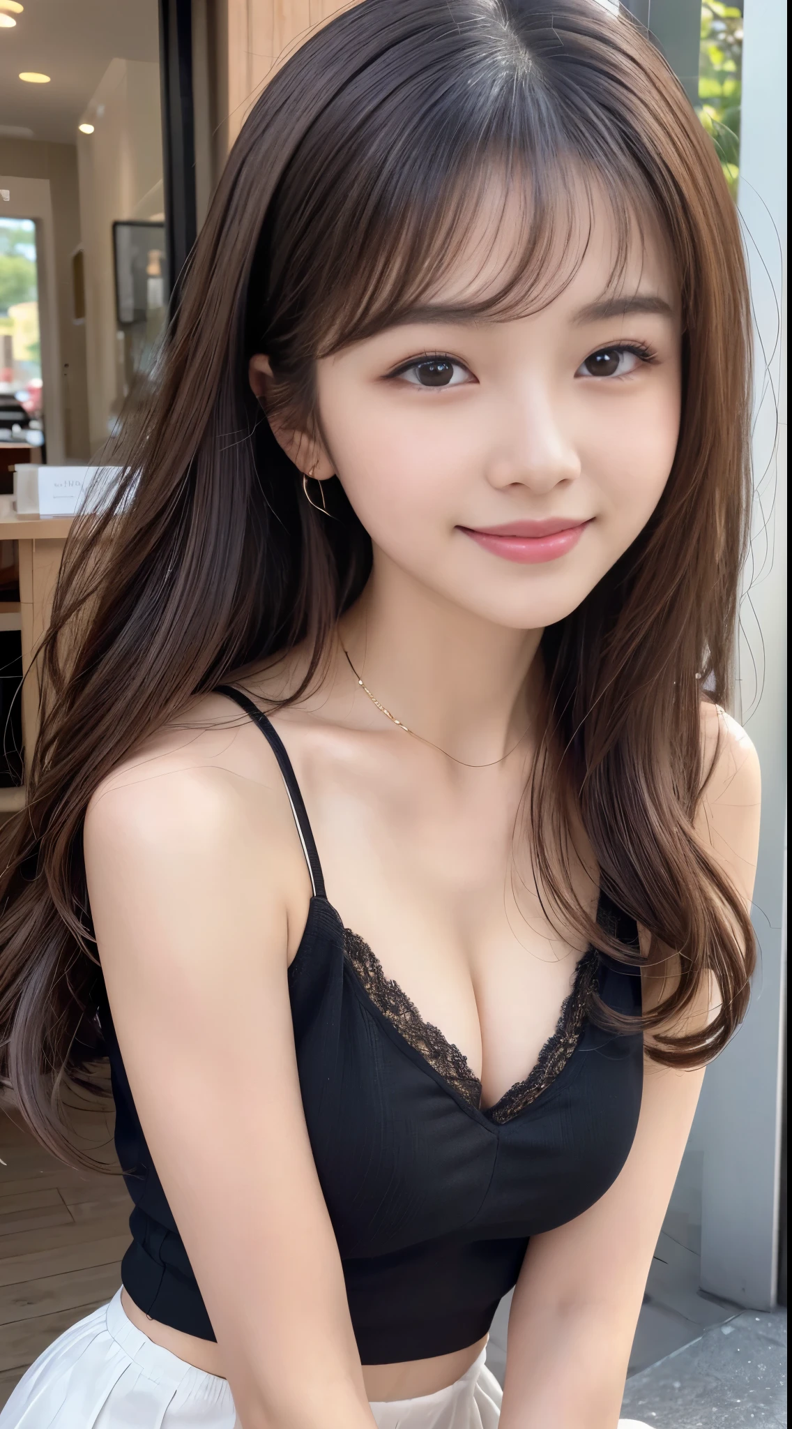 close up shot、looking at the camera、(high quality, High resolution, Super detailed, realistic:1.37), With bangedium hair))curly hair、(Medium chest 1.6)、Features beautiful details, cute(smile 1.6), ⦅black hair⦆、Tank top、mini skirt、In town