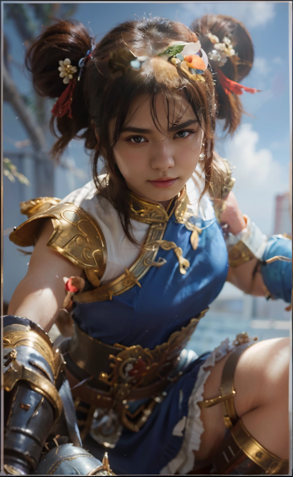 Extremely realistic, Ultra detailed ,arafed image of a woman with a sword and a blue dress, extremely detailed artgerm, rounded chinese bun, jingle bell, artgerm lau, inspired by Li Mei-shu, artgerm detailed, artgerm. high detail, artgerm portrait, ahri, bian lian, ig model | artgerm, portrait of ahri, ! dream artgerm, All very detailed