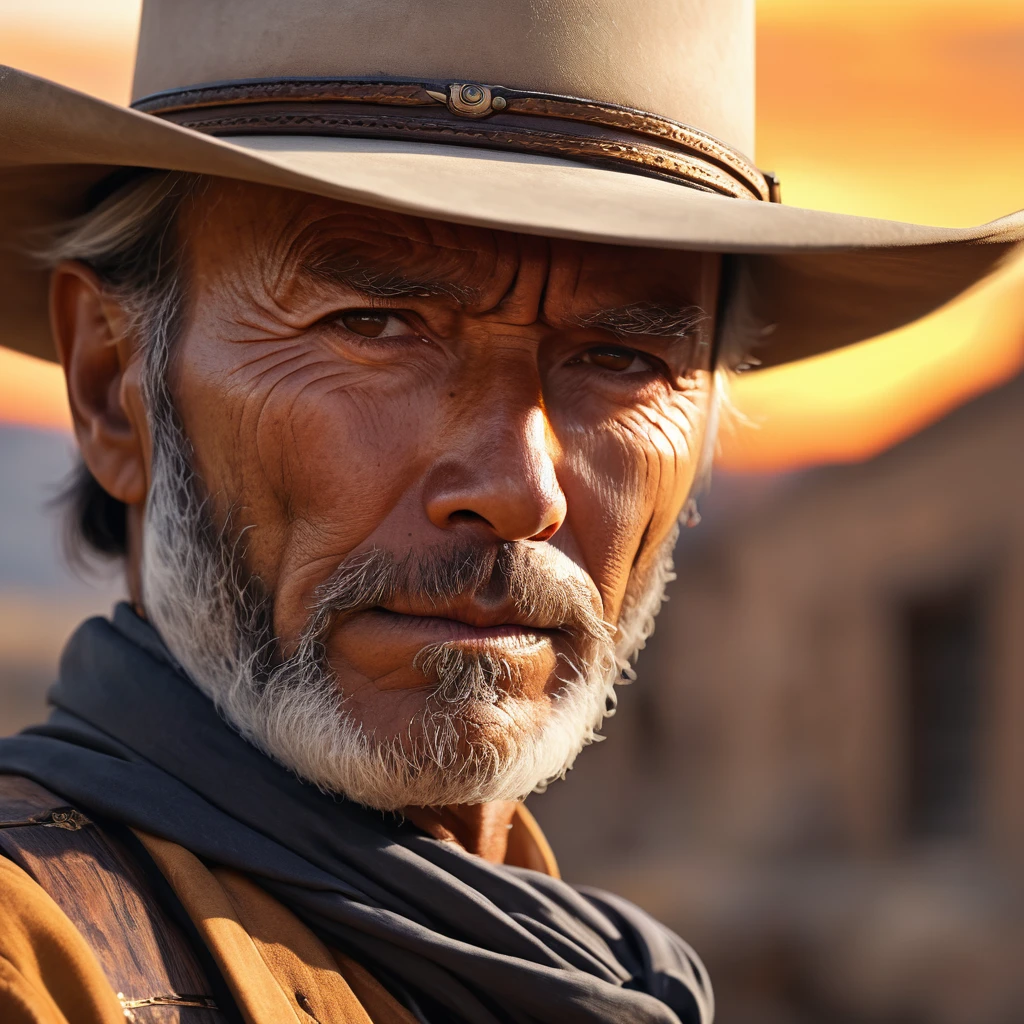 (extreme complexity)(two subjects) (Western gunfighter showdown), A (rugged man resembling Clint Eastwood, wild west gunslinger dressed in white), (busty malaysian gunslinger, age 20 immensely busty, hijab no hair showing), old west town sunset, (best quality,4k,8k,highres,masterpiece:1.2), ultra-detailed, (realistic,photorealistic,photo-realistic:1.37), HDR, UHD, studio lighting, ultra-fine painting, sharp focus, physically-based rendering, extreme detail description, professional, vivid colors, bokeh, portraits, landscape, horror, anime, sci-fi, photography, concept artists, warm color palette, golden-hour lighting, (show both gunslingers, extreme tension)