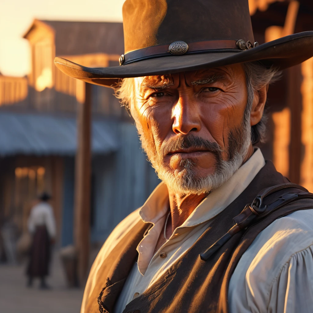 (extreme complexity)(two subjects) (Western gunfighter showdown), A (rugged man resembling Clint Eastwood, wild west gunslinger dressed in white), (busty malaysian gunslinger, age 20 immensely busty, hijab no hair showing), old west town sunset, (best quality,4k,8k,highres,masterpiece:1.2), ultra-detailed, (realistic,photorealistic,photo-realistic:1.37), HDR, UHD, studio lighting, ultra-fine painting, sharp focus, physically-based rendering, extreme detail description, professional, vivid colors, bokeh, portraits, landscape, horror, anime, sci-fi, photography, concept artists, warm color palette, golden-hour lighting, (show both gunslingers, extreme tension)