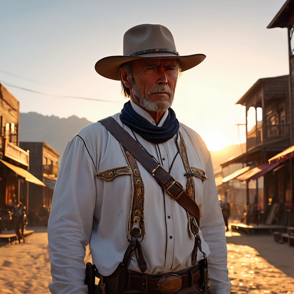 (extreme complexity)(two subjects) (Western gunfighter showdown), A (rugged man resembling Clint Eastwood, wild west gunslinger dressed in white), (busty malaysian gunslinger, age 20 immensely busty, hijab no hair showing), old west town sunset, (best quality,4k,8k,highres,masterpiece:1.2), ultra-detailed, (realistic,photorealistic,photo-realistic:1.37), HDR, UHD, studio lighting, ultra-fine painting, sharp focus, physically-based rendering, extreme detail description, professional, vivid colors, bokeh, portraits, landscape, horror, anime, sci-fi, photography, concept artists, warm color palette, golden-hour lighting, (show both gunslingers, extreme tension)