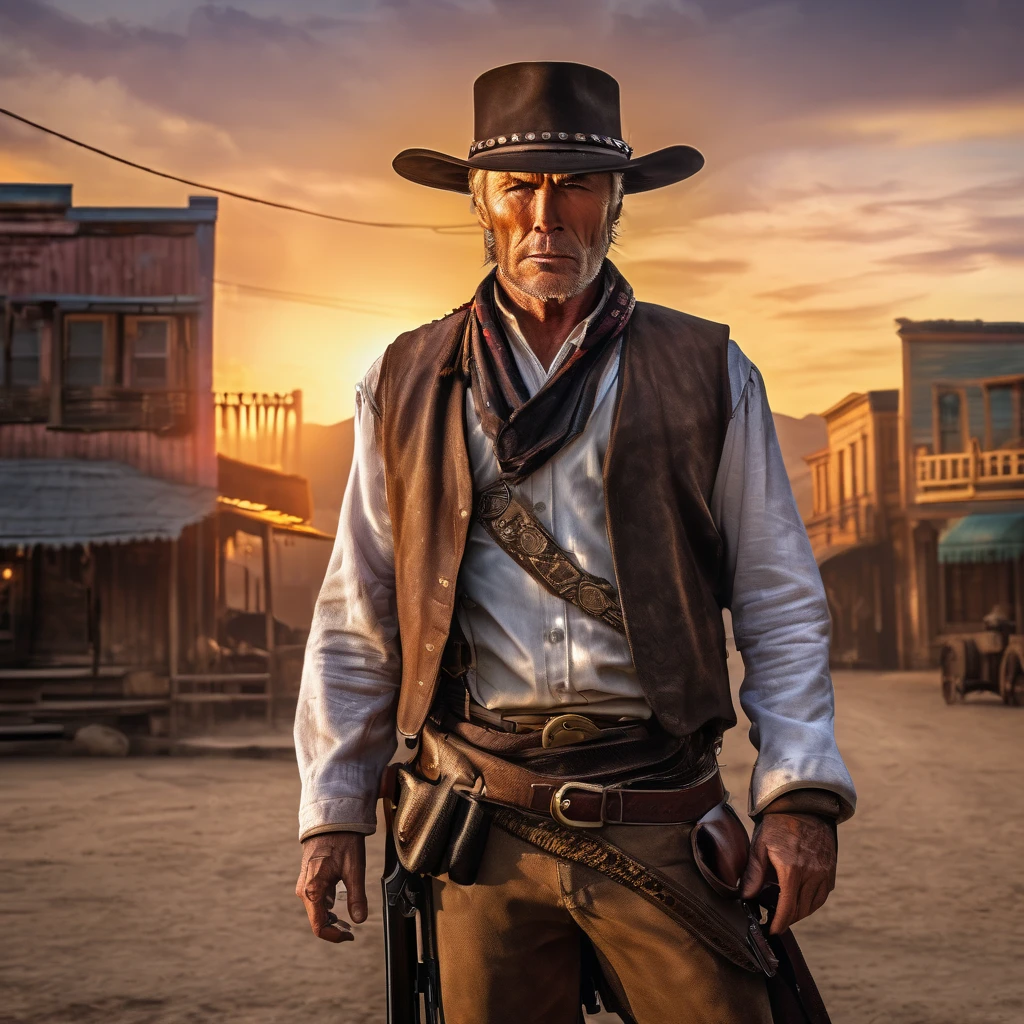 (extreme complexity)(two subjects) (Western gunfighter showdown), A (rugged man resembling Clint Eastwood, wild west gunslinger dressed in white), (busty malaysian gunslinger, age 20 immensely busty, hijab no hair showing), old west town sunset, (best quality,4k,8k,highres,masterpiece:1.2), ultra-detailed, (realistic,photorealistic,photo-realistic:1.37), HDR, UHD, studio lighting, ultra-fine painting, sharp focus, physically-based rendering, extreme detail description, professional, vivid colors, bokeh, portraits, landscape, horror, anime, sci-fi, photography, concept artists, warm color palette, golden-hour lighting, (show both gunslingers, extreme tension)