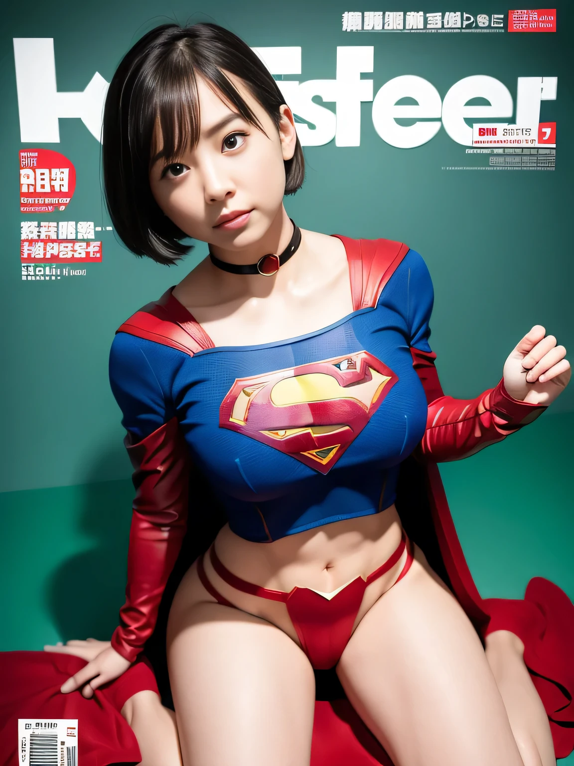 masterpiece、supergirl costume、short hair、Large and busty body type、test subject、Crisis situation、Research room、choker、long sleeve、red mini skirt、looking at camera、Weekly magazine cover、barefoot