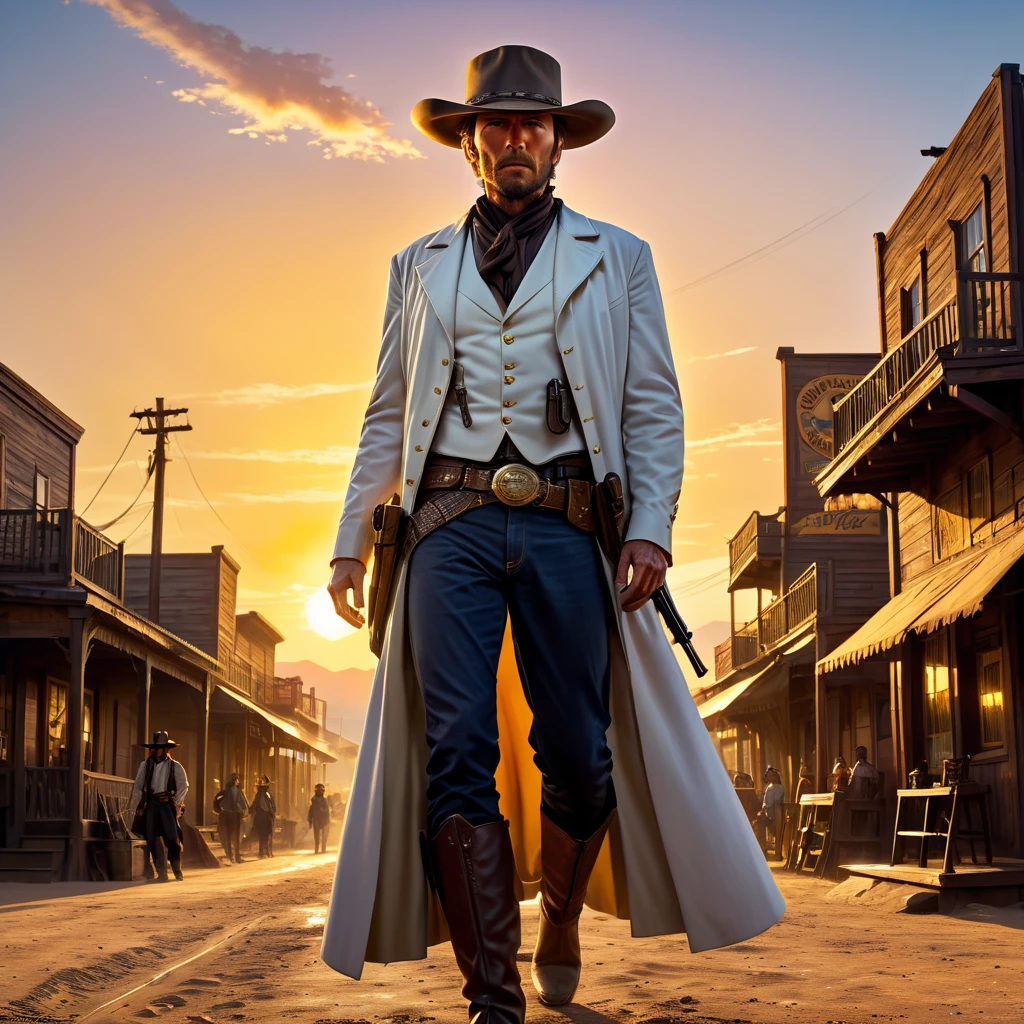 (extreme complexity)(two subjects) (Western gunfighter showdown), A (rugged man resembling Clint Eastwood, wild west gunslinger dressed in white), (busty malaysian gunslinger, age 20 immensely busty, hijab no hair showing), old west town sunset, (best quality,4k,8k,highres,masterpiece:1.2), ultra-detailed, (realistic,photorealistic,photo-realistic:1.37), HDR, UHD, studio lighting, ultra-fine painting, sharp focus, physically-based rendering, extreme detail description, professional, vivid colors, bokeh, portraits, landscape, horror, anime, sci-fi, photography, concept artists, warm color palette, golden-hour lighting, (show both gunslingers, extreme tension)