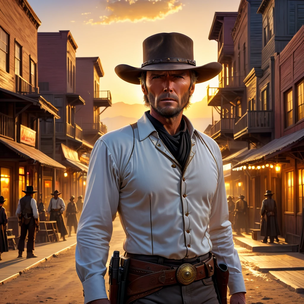 (extreme complexity)(two subjects) (Western gunfighter showdown), A (rugged man resembling Clint Eastwood, wild west gunslinger dressed in white), (busty malaysian gunslinger, age 20 immensely busty, hijab no hair showing), old west town sunset, (best quality,4k,8k,highres,masterpiece:1.2), ultra-detailed, (realistic,photorealistic,photo-realistic:1.37), HDR, UHD, studio lighting, ultra-fine painting, sharp focus, physically-based rendering, extreme detail description, professional, vivid colors, bokeh, portraits, landscape, horror, anime, sci-fi, photography, concept artists, warm color palette, golden-hour lighting, (show both gunslingers, extreme tension)