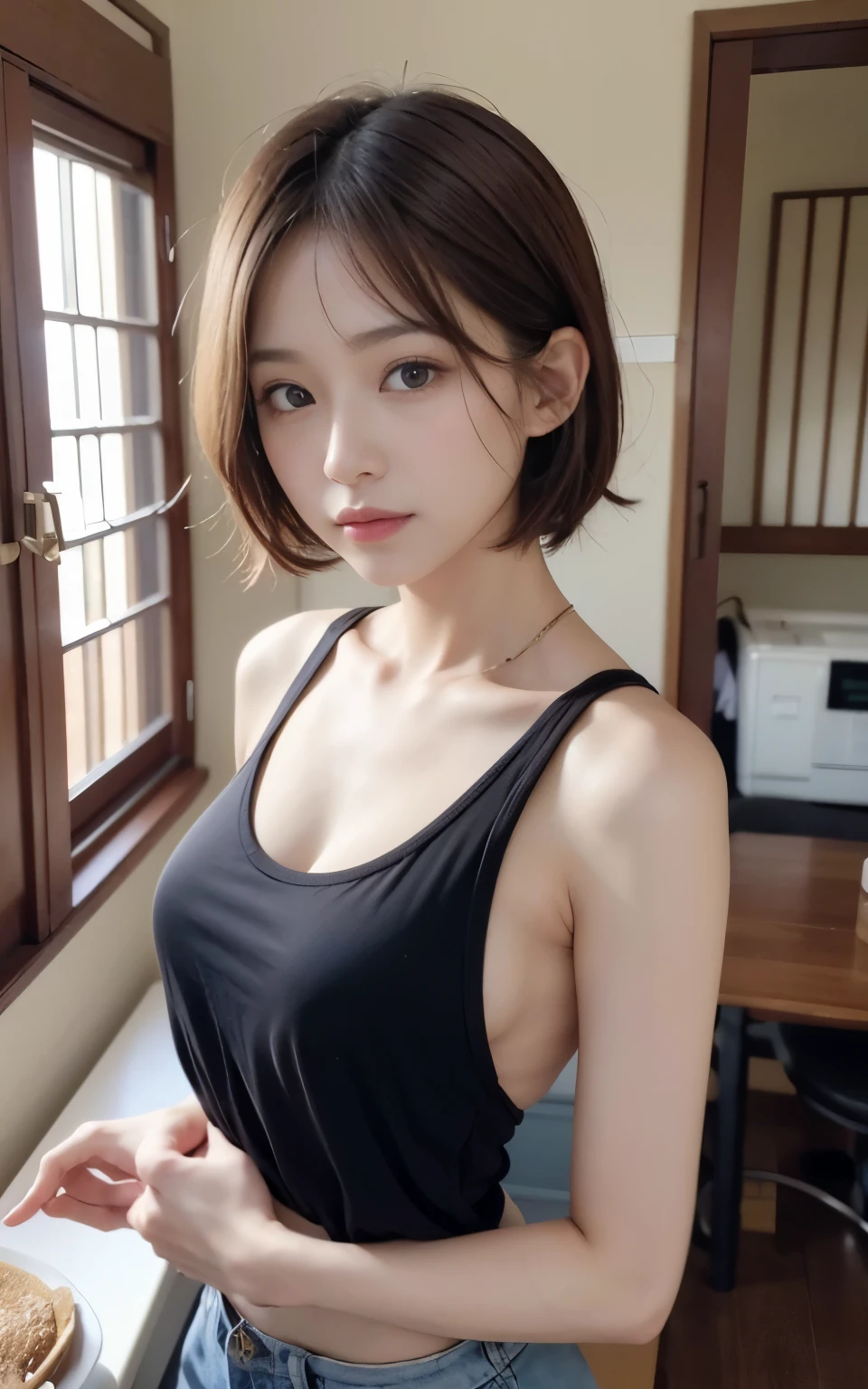 cute 21 year old japanese、kitchen、black underwear、Tank top、date、date、super detail face、pay attention to details、double eyelid、beautiful thin nose、sharp focus:1.2、Beautiful woman:1.4、(light brown hair,short hair、),pure white skin、highest quality、masterpiece、超A high resolution、(Photoreal:1.4)、、