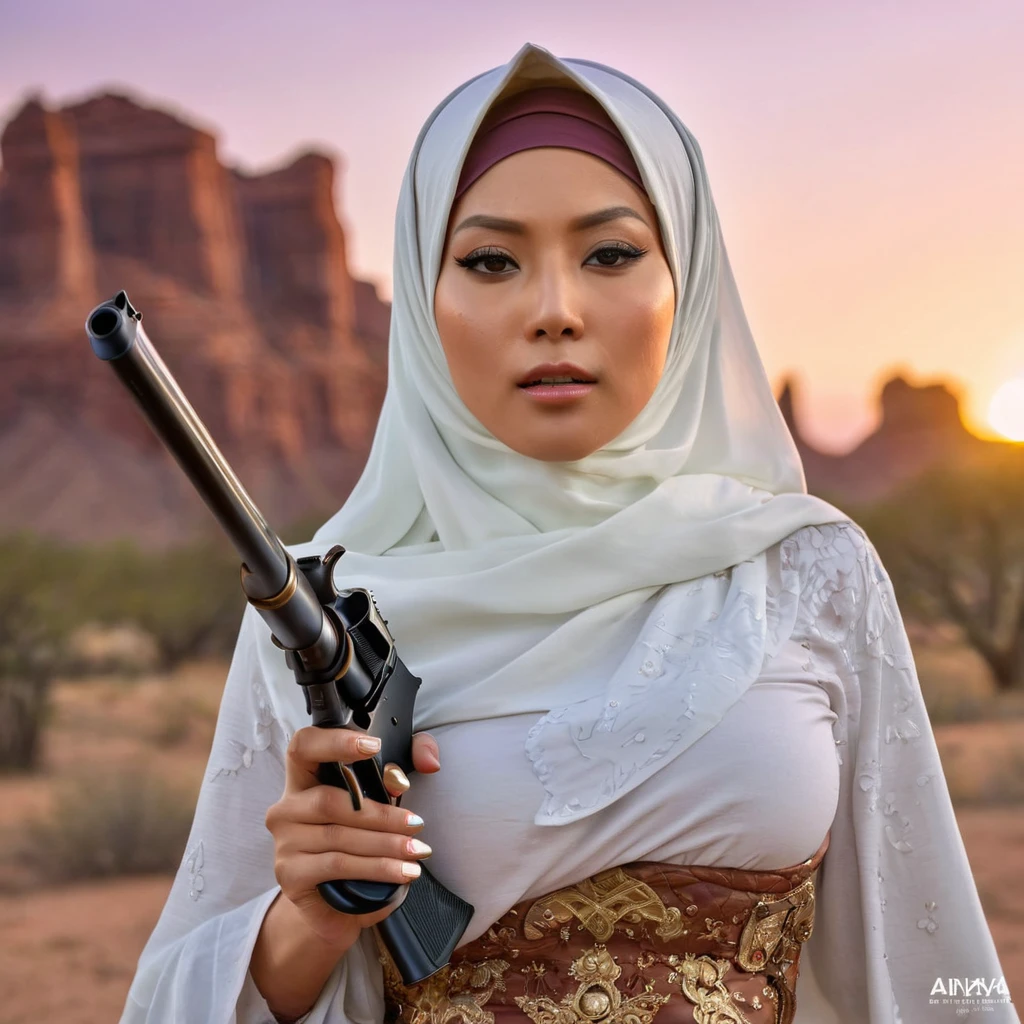 (extreme complexity)(two subjects) (Western gunfighter showdown), A (rugged man resembling Clint Eastwood, wild west gunslinger dressed in white), (busty malaysian gunslinger, age 20 immensely busty, hijab no hair showing), old west town sunset, (best quality,4k,8k,highres,masterpiece:1.2), ultra-detailed, (realistic,photorealistic,photo-realistic:1.37), HDR, UHD, studio lighting, ultra-fine painting, sharp focus, physically-based rendering, extreme detail description, professional, vivid colors, bokeh, portraits, landscape, horror, anime, sci-fi, photography, concept artists, warm color palette, golden-hour lighting, (show both gunslingers, extreme tension)