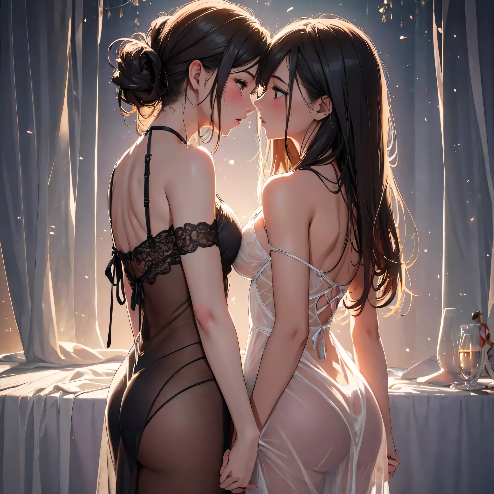 two girl kissing, see her ass,(bright lighting,romantic setting),dreamy background,bondage,dark hair, mesmerizing gaze, , soft skin, alluring beauty, artistic portrait, high-quality image, vibrant colors,translucent long silk gown, mosquito net,