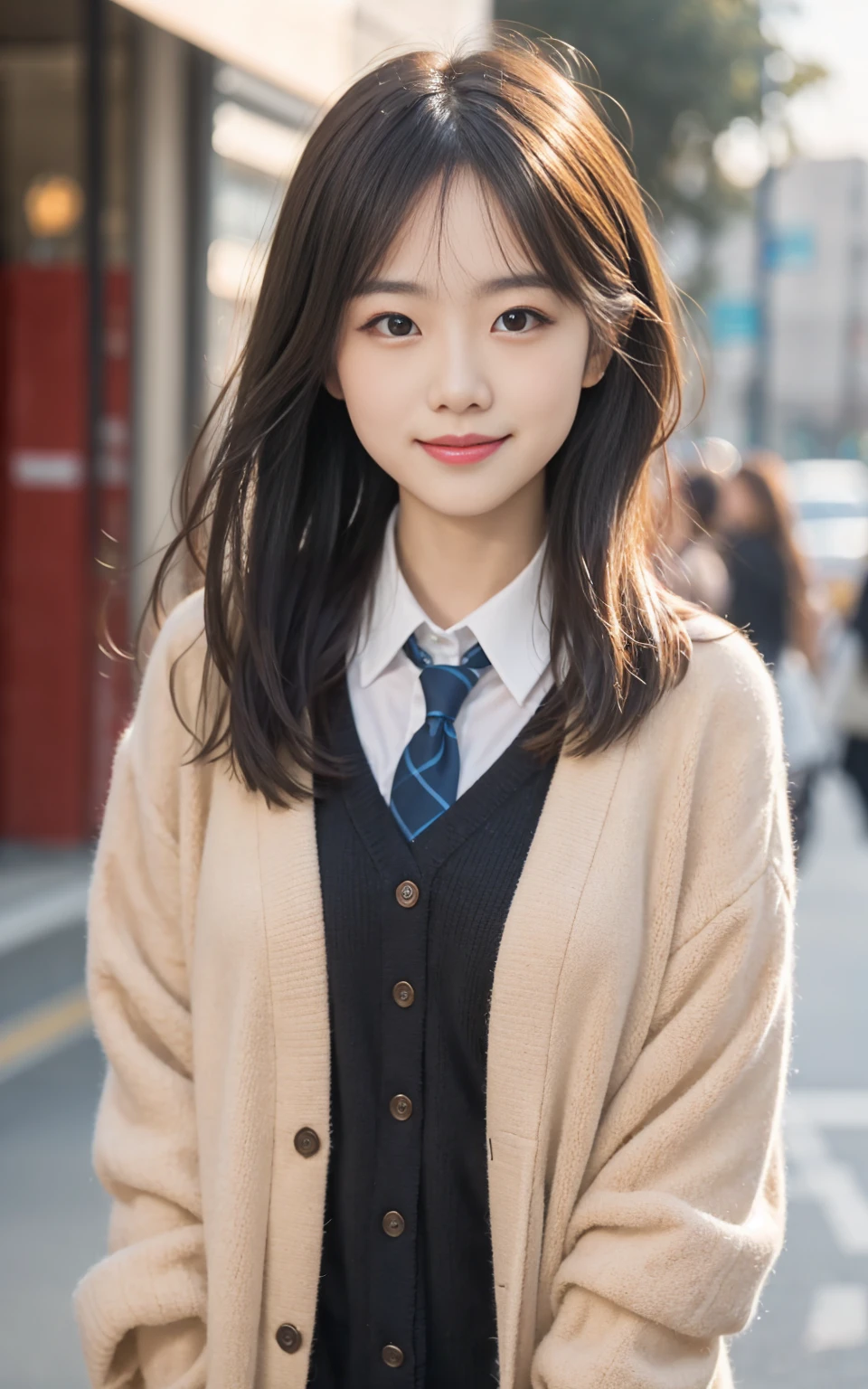 （8k、Raw photo、highest quality、masterpiece：1.2), (focus on face),ぬれたhair,looking at the viewer,Looking at the front,smile with visible teeth, fine,erotic,student,white skin,knees,absurd,small face,前hairを真ん中から分けます、I can see the forehead,(please be shy,tight eyes,glare,strong,skinny,skinny,get annoyed)、masterpiece,highest quality、超A high resolution,one person, solo,close up shot、cute、Return to student,school uniform,high school girl,japanese woman,standing,（Photoreal：1.37）、photon mapping,realistic、cutesmall face,brown eyes、prospect、Depth of the bounds written、blurred background、picture,girls、(前hairが見える), hair,  thin clothing,(Nogizaka Idol), actress、big and full breasts、Super fine、low person、(Skin with visible pores:1.2)