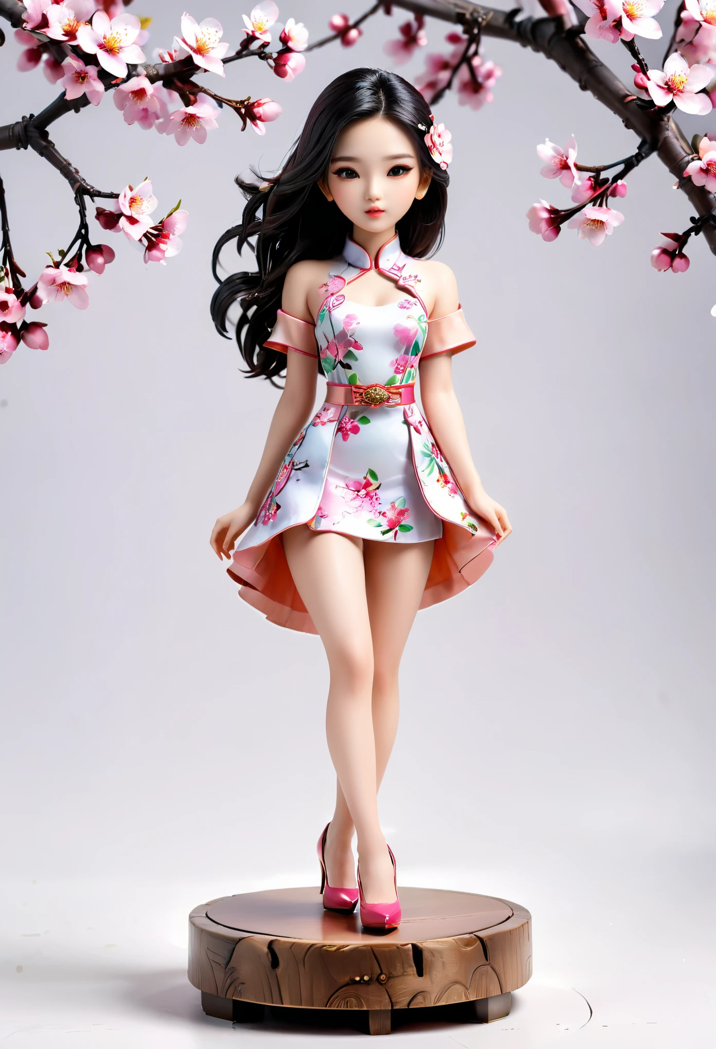 (Blind Box Spielzeug Stil:1.2),full body, solo,white background,(1 Beautiful girl Models ,Stand on a round wooden base, pink Peach Blossom, high heels),(Oriental elements, Chinese color,Very colorful)