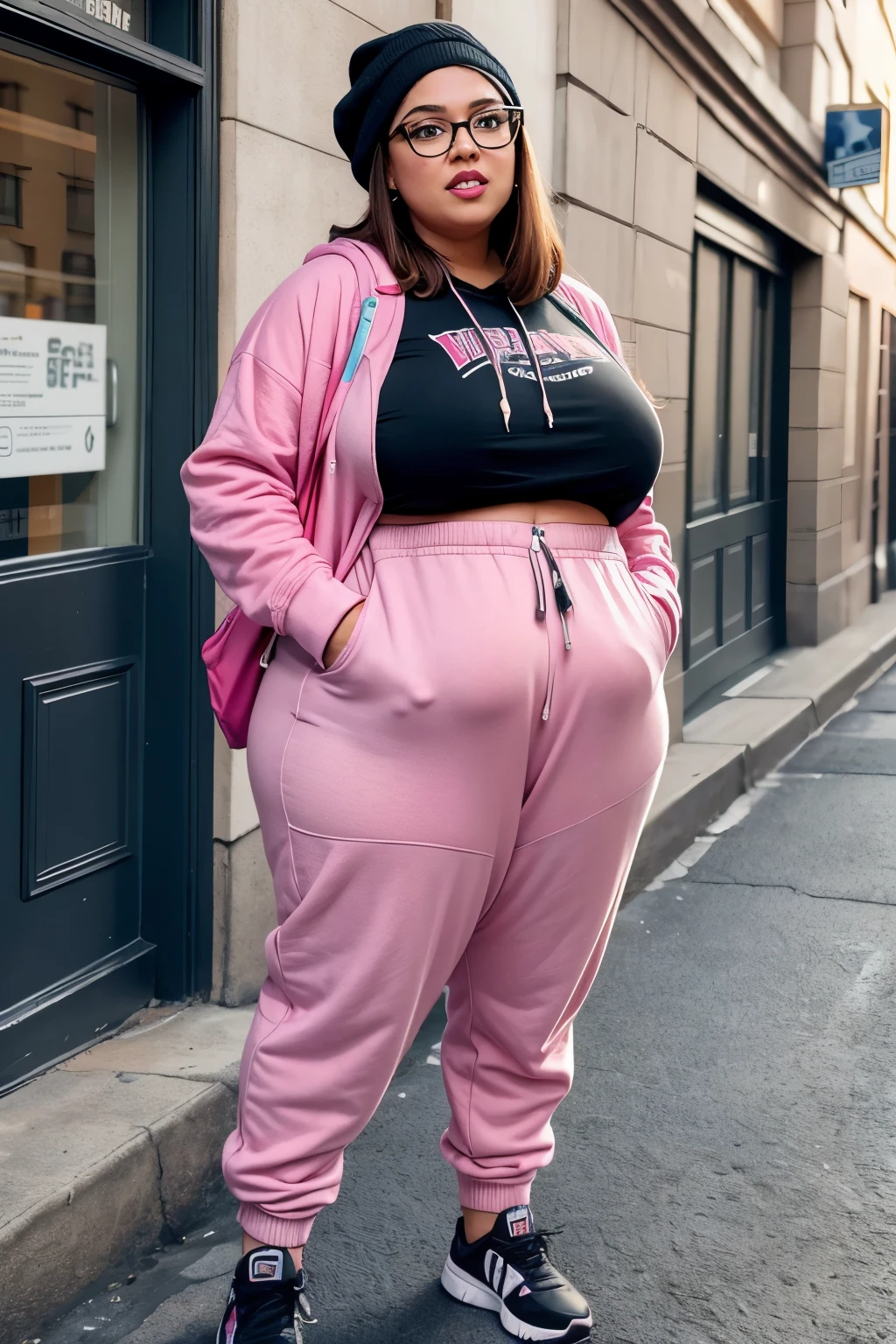 RAW, Best quality, high resolution, Masterpiece: 1.3), Beautiful SSBBW (Size-Sensitive Beautiful Big Woman) in streetwear, (600-pounds), (saggy-belly), (dimpled-face),
Masterpiece, Realistic portrayal, 1woman, Charming personality, Detailed facial features, Laugh lines, Warm smile, Colorful streetwear, (hoodie), (sweatpants), (sneakers),
Everyday attire, Comfortable fit, Large frames, Bold accessories, (glasses), (hats), (backpack), Big, beautiful body, Ample curves, Volupt