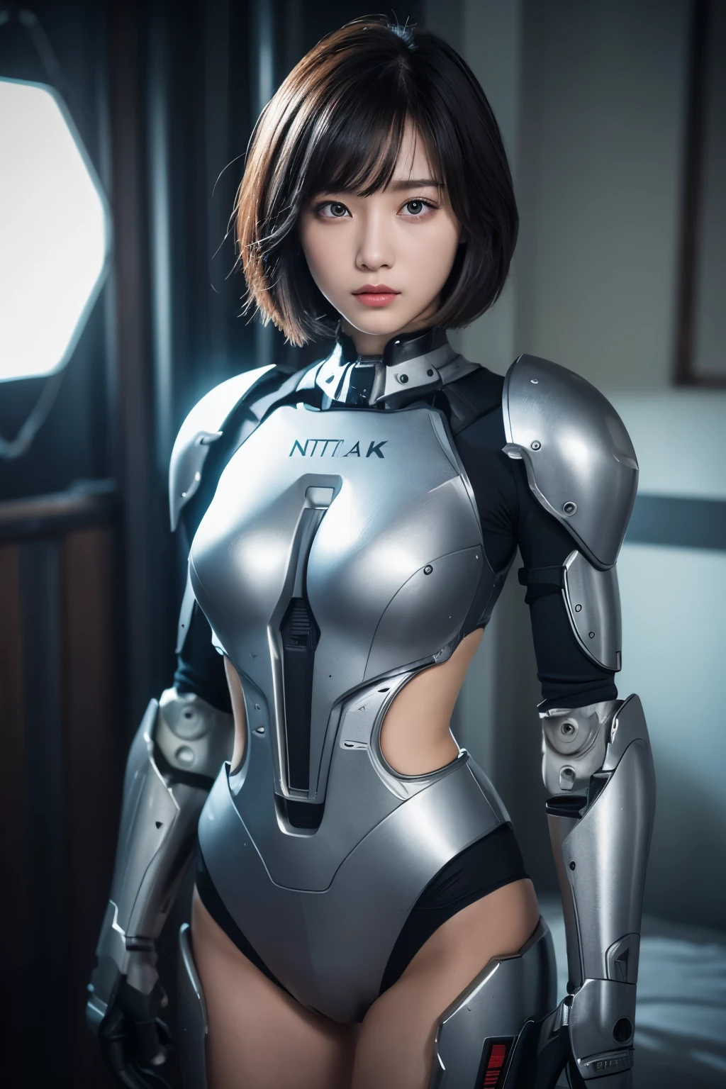 with the best quality、Express yourself as a short-haired robot girl, straight black hair,Nikon RAW shooting、8k、Fujifilm XT3、masterpiece、highest quality、genuine、perfect body beauty、profusely、blood vessels connected to tubes, mechanical vertebrae attached to the back, mechanically attach the cervical vertebrae to the neck、combat uniform、((genuineな照明、highest quality、8k、masterpiece:1.3))、clear focus:1.2,pretty girl。