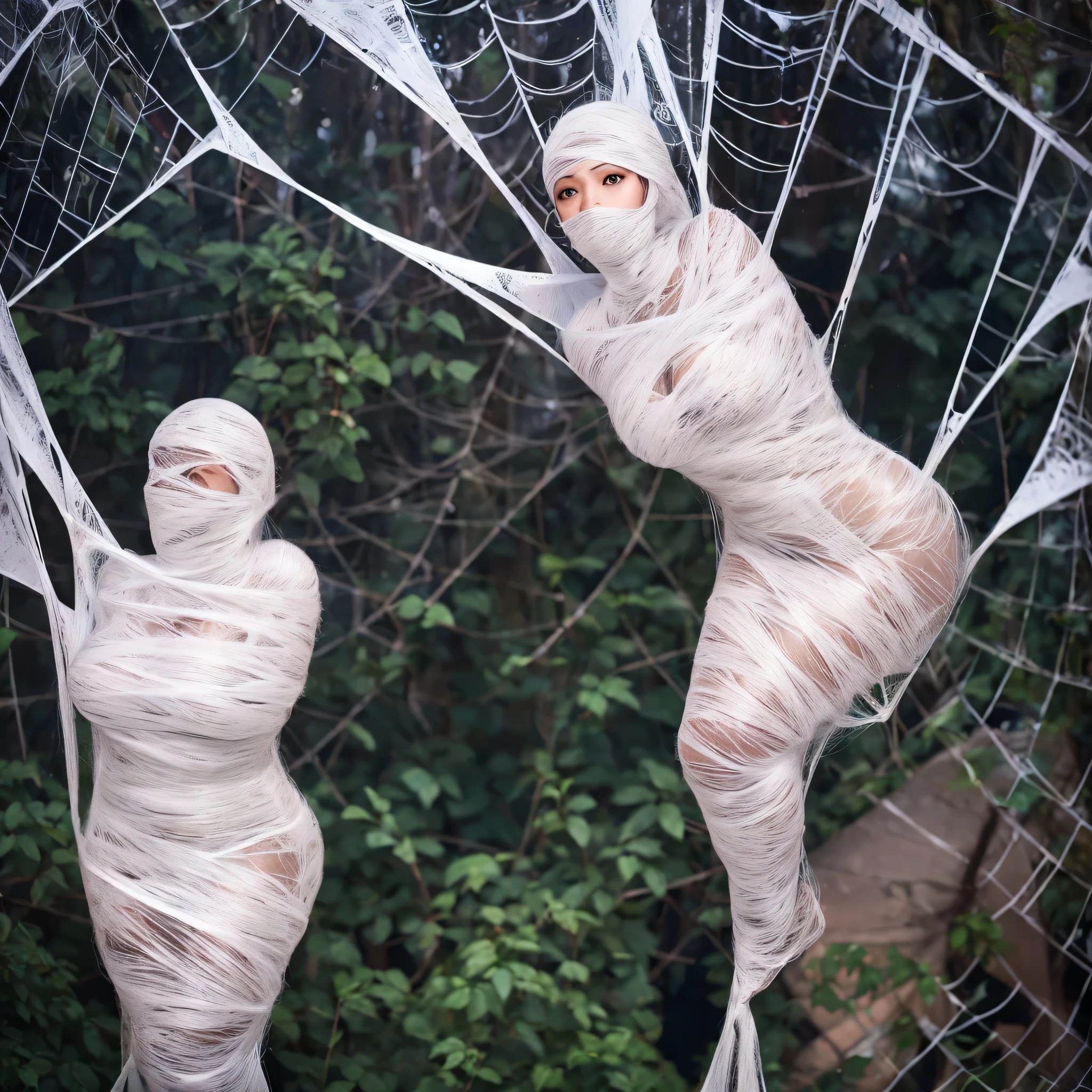 a girl entangled in the spider web, struggle, detailed classroom, (cocoon:1.3), spider web, hanging, spider in the web, spider