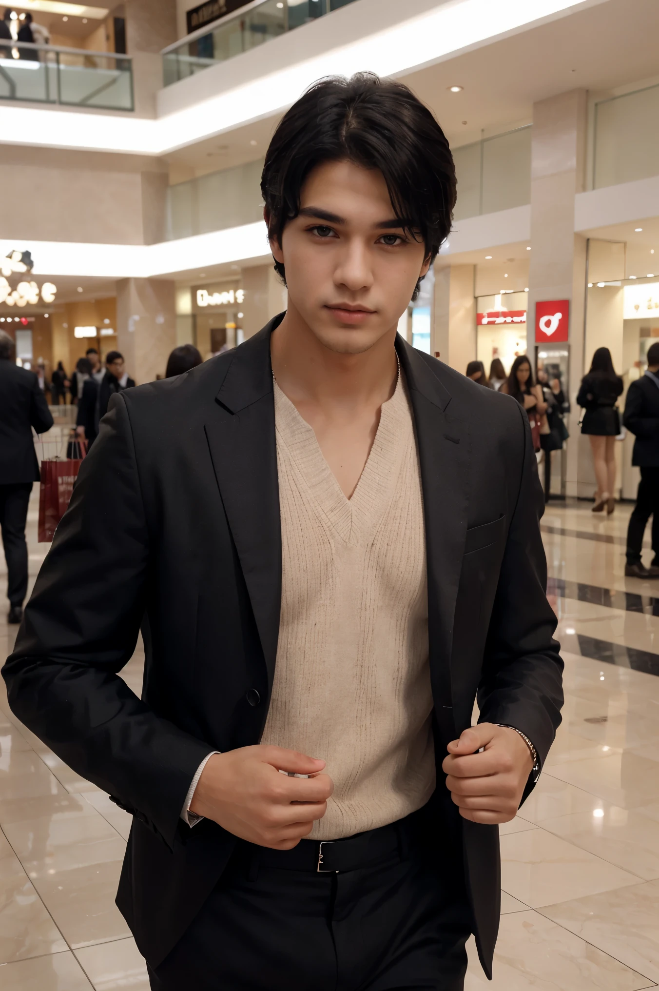 Beautiful boy, black hair, brown eyes, outfit elegant, on the background of a shopping mall