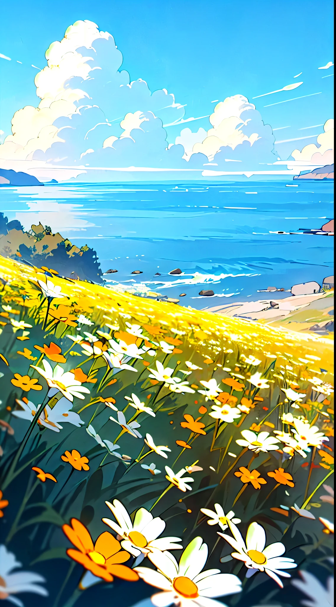 no humans, outdoors, flower, scenery, field, sky, white flower, day, horizon, ocean, flower field, yellow flower, blue sky, daisy, landscape, cloud, water, (illustration:1.0), masterpiece, best quality,