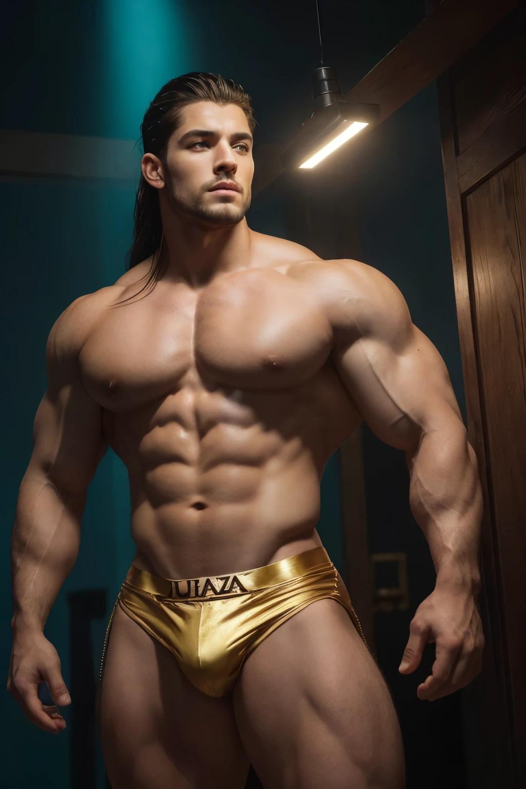 (Obra maestra)), ((Mejor calidad:1.2)), high resolution, 8K, (ultra_realista:1.3), (photorealista:1.4), (Plantilla de Instagram, elegante:1.2), (((Zeusculous God with an incredibly huge bodybuilder shape, Zeus tiene un rostro imponente y majestuoso con ojos profundos y penetrantes que parecen ((chispear con electricidad)), una boca ancha y seria, and proportionate ears with well-defined lobes. Posee una nariz recta y prominente, Su cabello es largo ondulado y oscuro con (destellos dorados) fluyendo en mechones sobre sus hombros y espalda, His body is muscular and athletic with an upright posture that denotes confidence and authority., He usually wears long, flowing tunics adorned with (detalles dorados) con colores predominantes de blanco dorado y azul, Las texturas de su vestimenta son suaves y fluidas evocando elegancia y nobleza, being of imposing stature, surpassing in height the other gods and mortals.